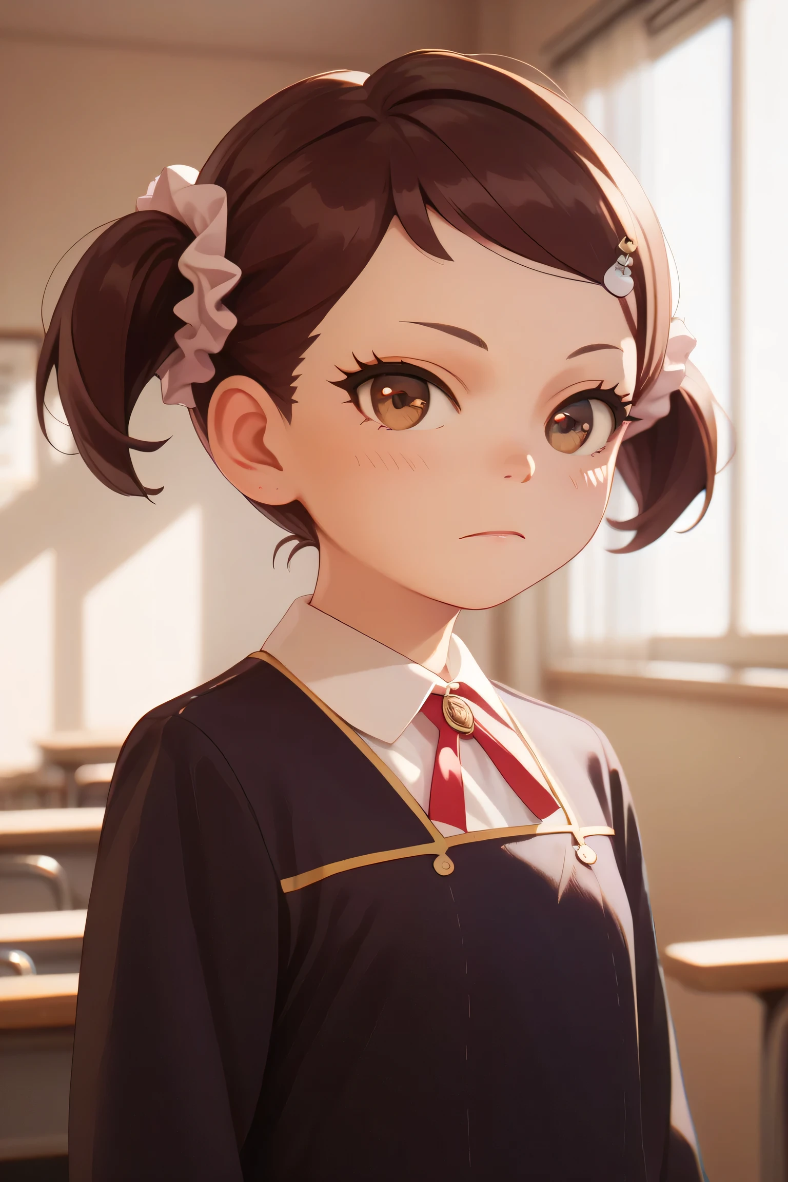 masterpiece,best quality,amazing quality, becky blackbell, female , , brown hair, brown eyes, short twintails, 1girl, school uniform, eden academy school uniform, twintails, solo, hair ornament, indoors, shirt, scrunchie, upper body