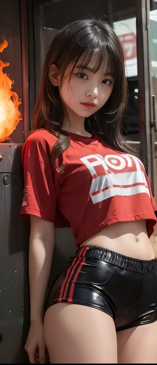 Cool Fire Idol Girl、A pure girl's face、 hypo、、Red Track Shirts 、 latex black shorts 、、Glowing Fireball