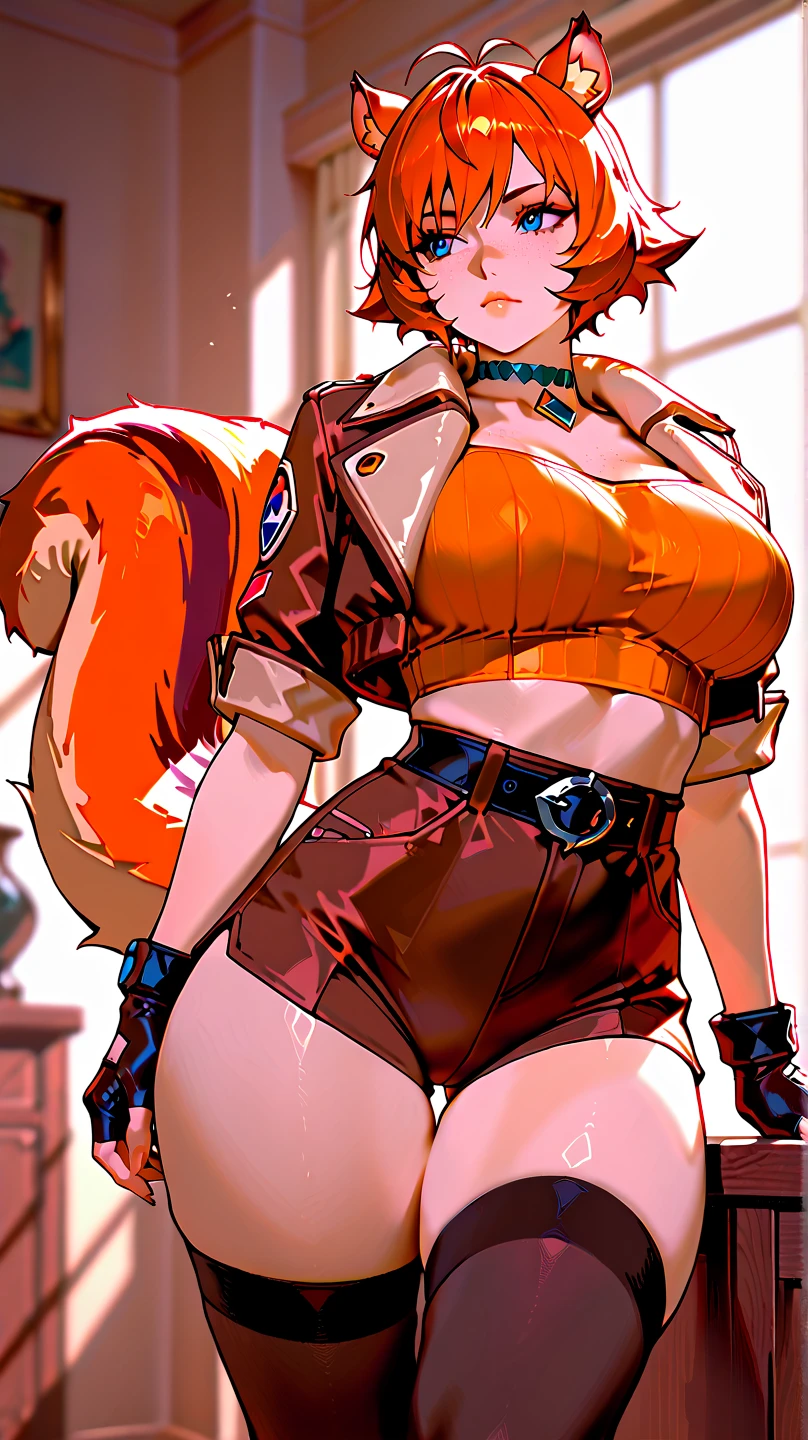 Roxanne Demin kin 1girl, solo, breasts, large breasts, navel, animal ears, cleavage, tail, hairband, pants, orange hair, collar, dog ears, dog tail, dog girl, black collar, green pants, floppy ears, eyes closed, sleeping, lying on bed, waist up, leather slave collar choker, bracers