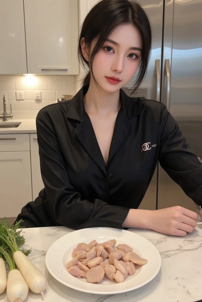 (Highest quality, masterpiece:1.3, Ultra-high resolution), (Very detailed), (Realistic:1.4, RAW shooting), Very detailed,High resolution 16k, Human skin close-up, The skin texture is natural, It must be detailed enough to be easily identifiable, Skin should look healthy and have an even tone, Use natural light and color, ((blazer:1.4)), ((the body is slim)), girl, 18-year-old, cute, Straight Long Hair, Big Breasts, smile, Turn your body forward, (View from the front:1.1), Looking into the camera, focused on the chest, Light brown hair, ((Black Choker)), Very long and bushy eyelashes, blue eyes, bangs, ((Beef on a tray, luxurious counter:1.4)), Big Breasts, Red lips, , Happy expression, smile, Mountain、blue sky, camp site, summer