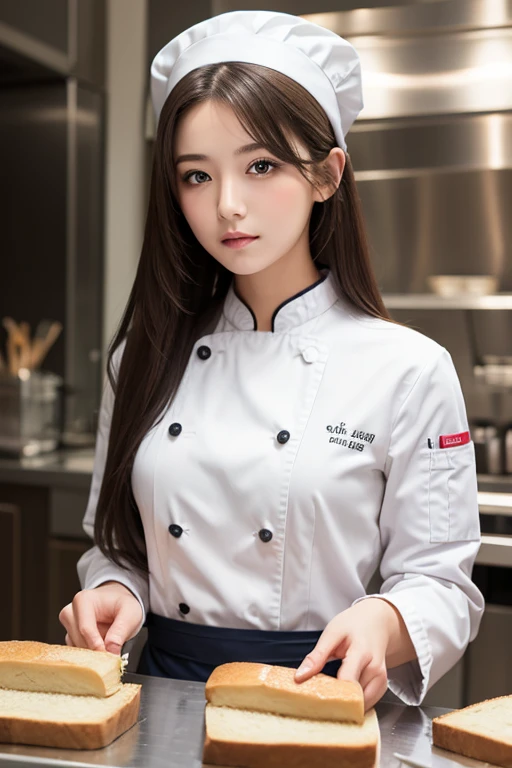 high definition, Masterpiece, , blondes, Alone, One Girl , cute, detailed eyes , long hair, purple eyes, Chef Outfit, white jacket, White Bread