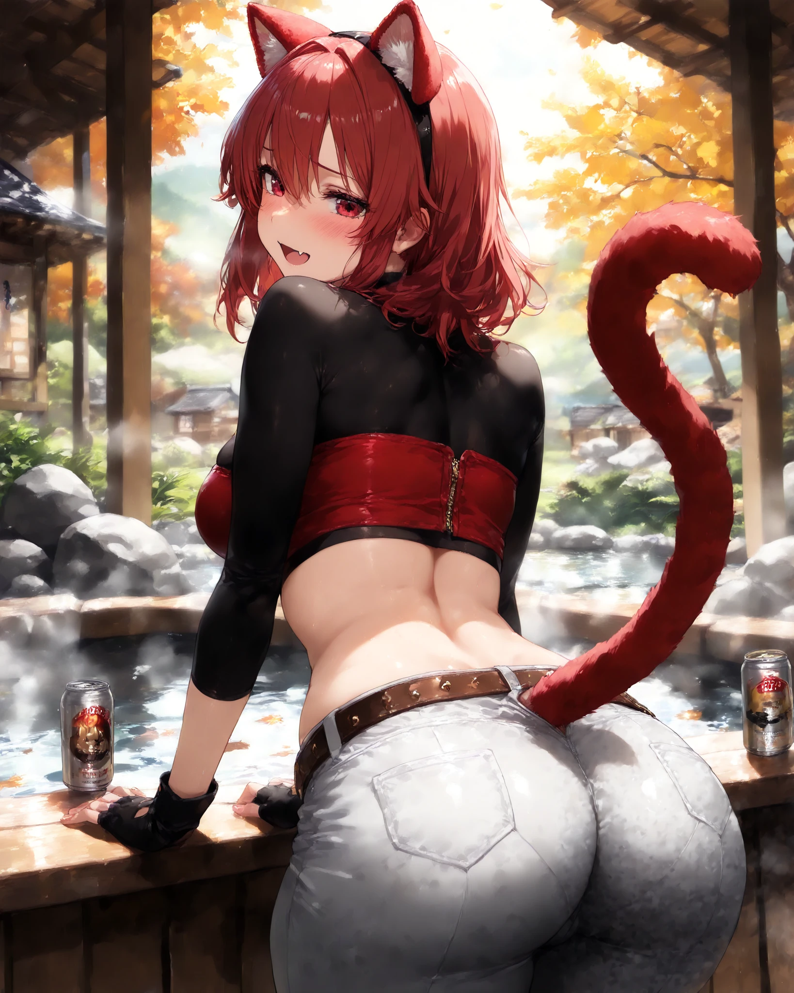 cowboy shot, from behind,  [furry girl:0.5], Point far away, The eyes are sparkling, A happy expression, Forward bending, fake animal ears, ear fluffy, fake animal red tail, ruby red eyes, ruby red hair, medium hair, shaggy hair, fang, very cute face, cute cat girl, solo, medium breasts, fur body, red zipped crop top, tight gray pants, belt, cat shaped A buckle, fingerless gloves, blush, curvy beauty, flawless smooth skin, outdoors, A beautiful village with a small lake, Can be seen far away Hot spring, steam,
(best quality,4k,8k,highres,masterpiece:1.2),ultra-detailed,intricate details, high fashion, dramatic lighting, warm colors, chiaroscuro