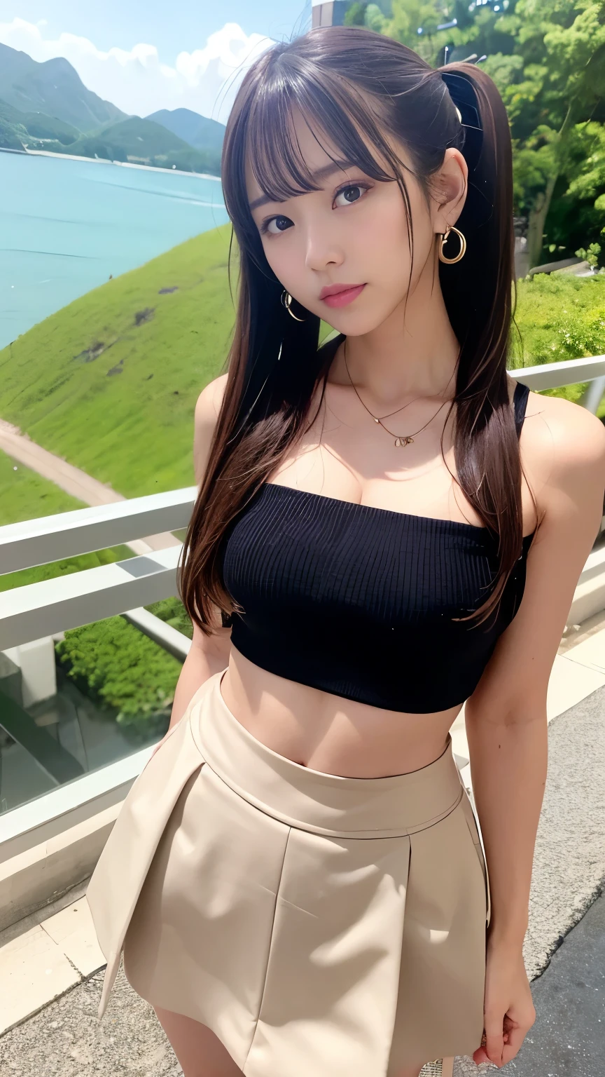 ((Best quality, 8k, Masterpiece :1.3)), Full body, Long legs, Focus, 1girl, Perfect Body Beauty: 1.4, Slim Abs: 1.1, ((Dark Brown Hair, Big Breasts: 1.2)), (Bandeau Top: 1.4, Lace Pleated Skirt: 1.3), Rooftop, City View, Highly Detailed Facial and Skin Texture, Detailed Eyes, Double Eyelids, Closed Mouth, Exposed Cleavage, Legs Open Left Foot Supported on the Railing