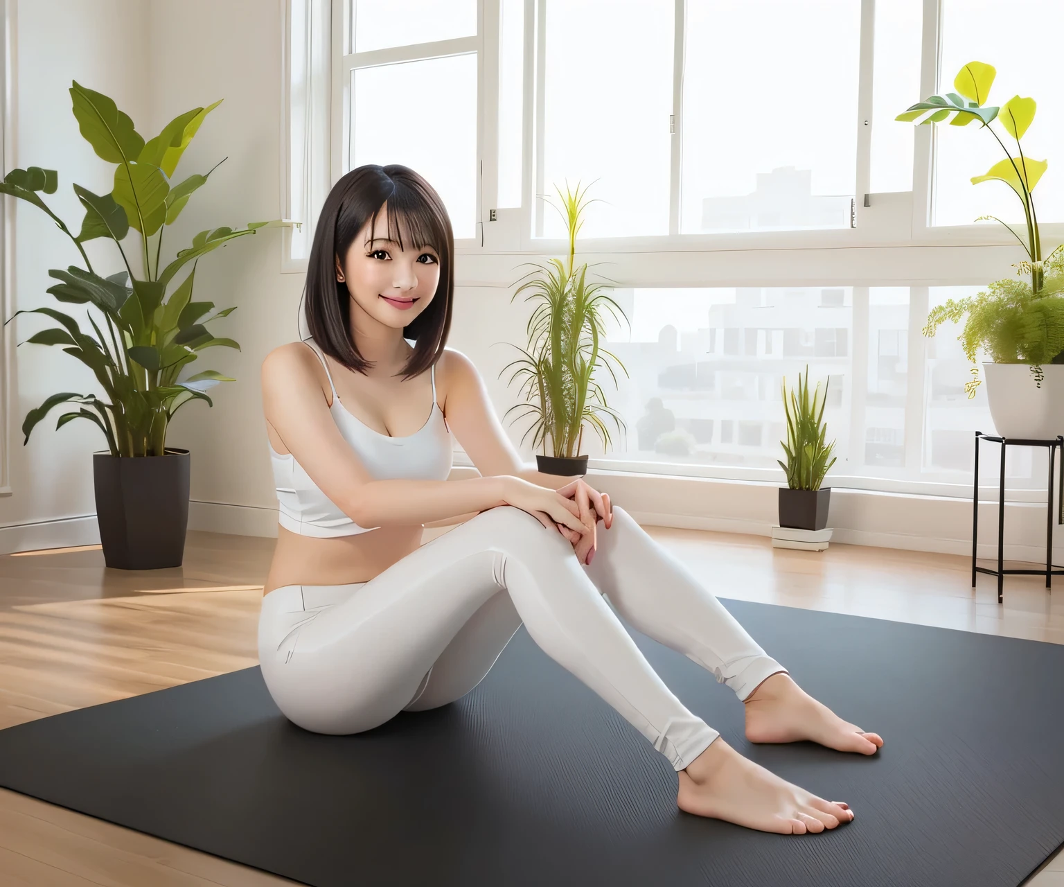 masterpiece, best quality, ultra quality, high quality, realistic, photo realistic, warm lighting,natural lighting,cinematic lighting,RAW photo, hyper detailed, intricate detailed, perfect anatomy, Fujifilm XT3,1 woman, Japanese beautiful woman,babyface,brown very short twintail hair over one eye,(medium breasts:1.2),(slender body:1.2),sweaty, tan skin,sunburn tanline,(smile:1.3),black eyes,(yoga studio),(day),(Glasses:1.3),(smile),doing yoga,no bra,braless,(fullbody),yoga sports bra, yoga pants,yjcf_yujia,(on the yoga mat),(YOGAPOSE),