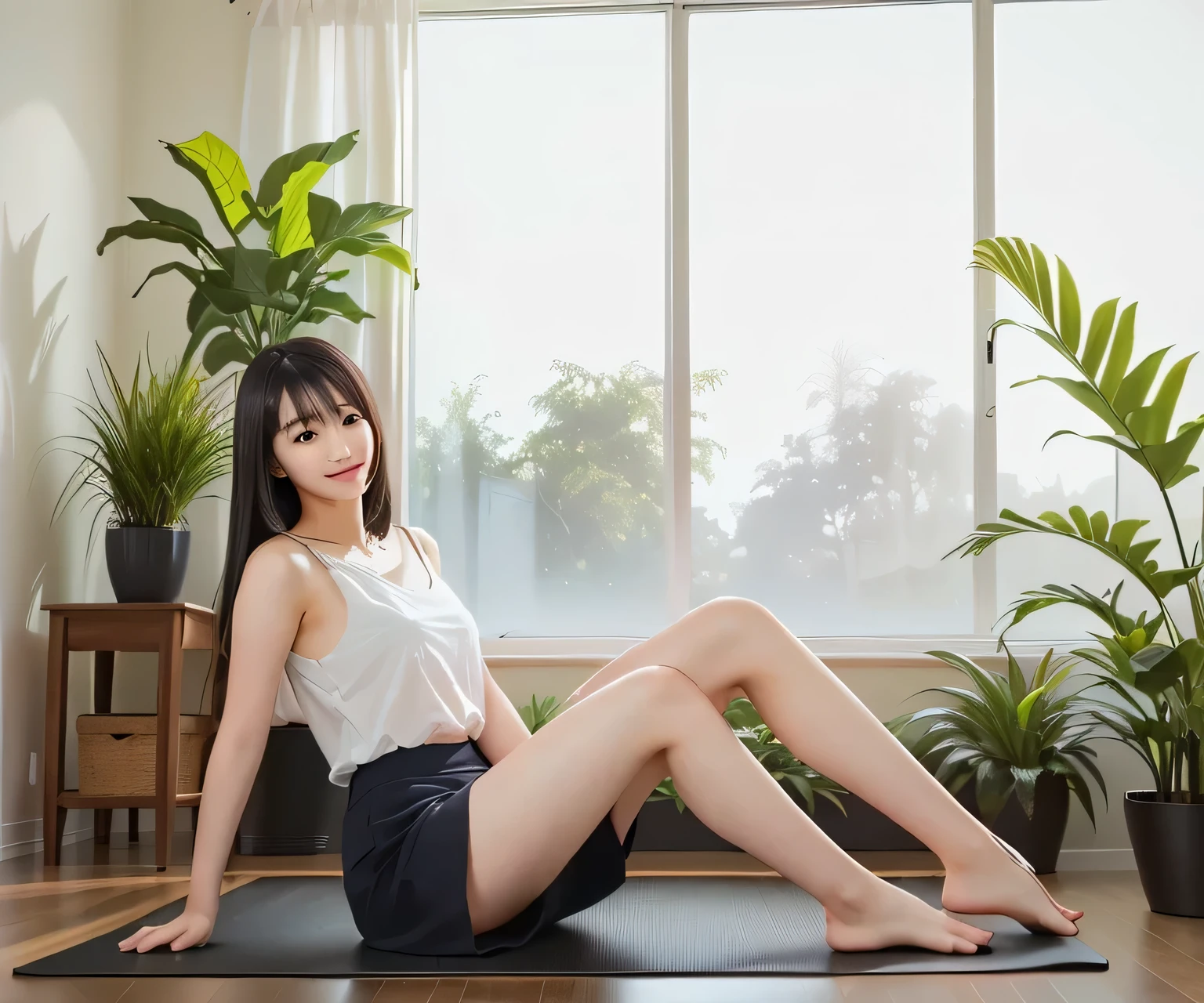  sitting on a mat in a room with plants,  Full body pose , centered  Full body pose ,   sitting on bent knees  ,  Relaxed Posture ,  snake pose, Side pose, Starfish Pose,  Sitting Poses,  dynamic sitting pose , lizard pose , Powerful pose,   an Arab woman lying with her wrists together  , Natural light background, Tone down ,  sitting on the floor
