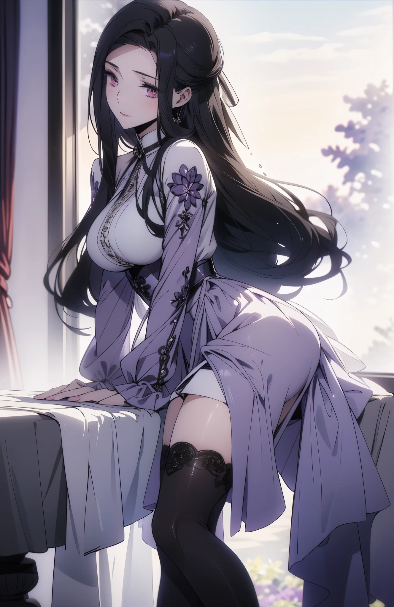 best quality, masterpiece, ultra-detailed, an extremely delicate and beautiful girl, huge filesize, artbook, indoor, curtain, black hair, long hair, big breasts, shirt, Long skirt, black silk stocking, high heels, thighband pantyhose, seductive smile, empty eyes, eyeshadow, purple eyes