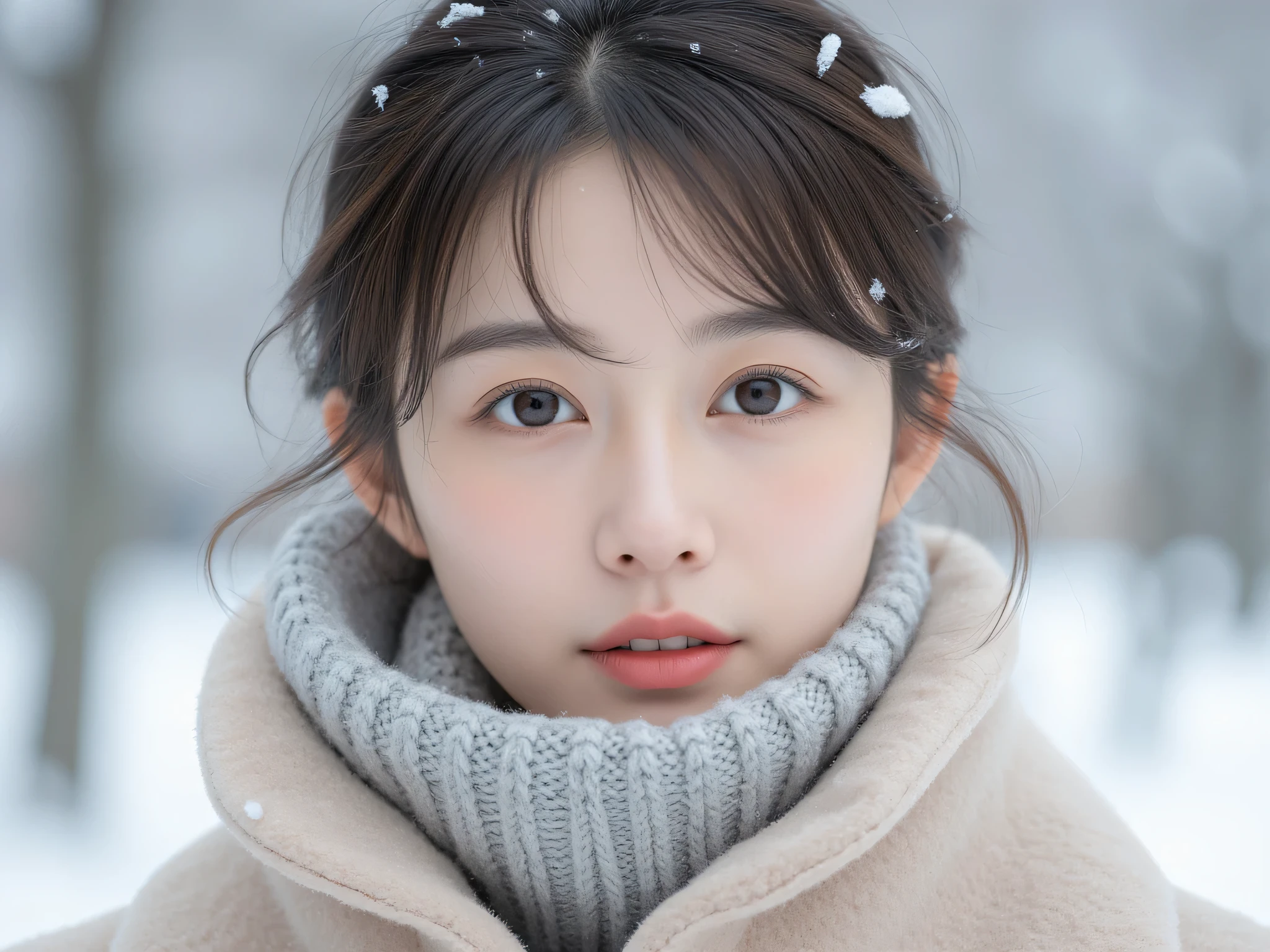 A close-up portrait of a charming 20-something Japanese person on a peaceful winter day. They are warmly dressed in a stylish, thick winter coat with a high collar and a cozy knitted scarf wrapped around their neck. Their face is illuminated by soft natural winter light, highlighting their delicate features and gentle expression. Snowflakes gently fall around them, with a few resting on their hair and coat. Their gaze is calm and reflective, with a slight, warm smile. The softly blurred background reveals a serene winter landscape with snow-covered trees, creating a tranquil and dreamy atmosphere.