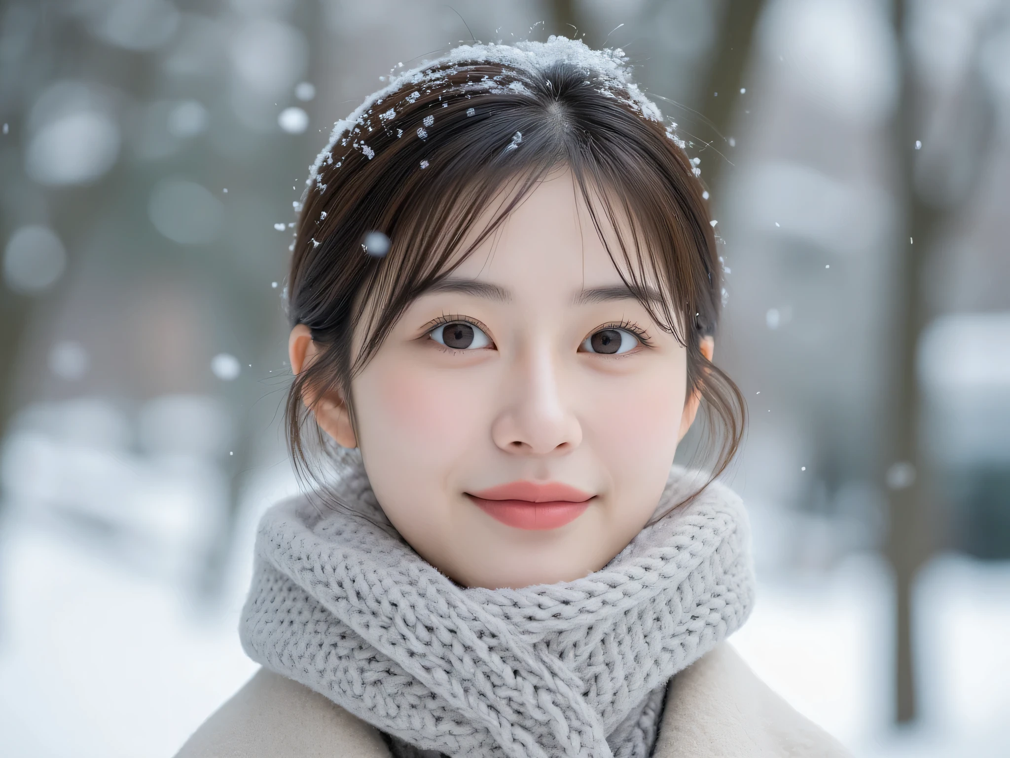 A close-up portrait of a charming 20-something Japanese person enjoying a peaceful winter day. They are dressed warmly in a cozy knitted scarf and a soft winter coat. Their face is illuminated by natural, soft winter light, highlighting their delicate features and gentle expression. Snowflakes gently fall around them, with a few resting on their hair and scarf. Their gaze is calm and reflective, with a slight, warm smile. The background is softly blurred, showing hints of snow-covered trees and a quiet winter landscape, creating a serene and dreamy atmosphere.