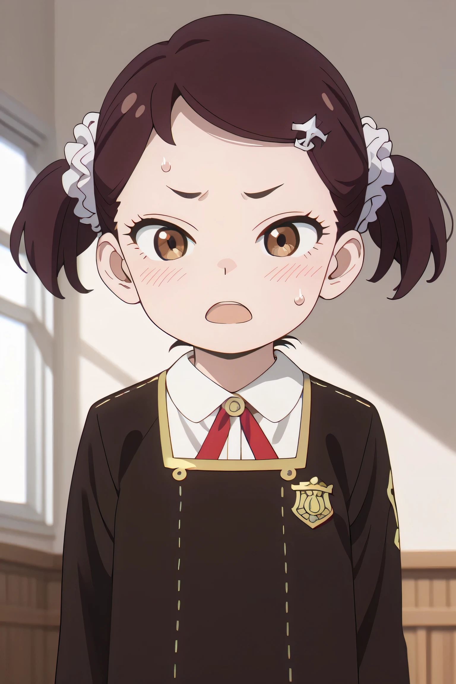 (masterpiece), becky blackbell, female , , brown hair, brown eyes, short twintails, 1girl, eden academy school uniform, twintails, open mouth, solo, blush, hair ornament, scrunchie, shirt, indoors, sweatdrop