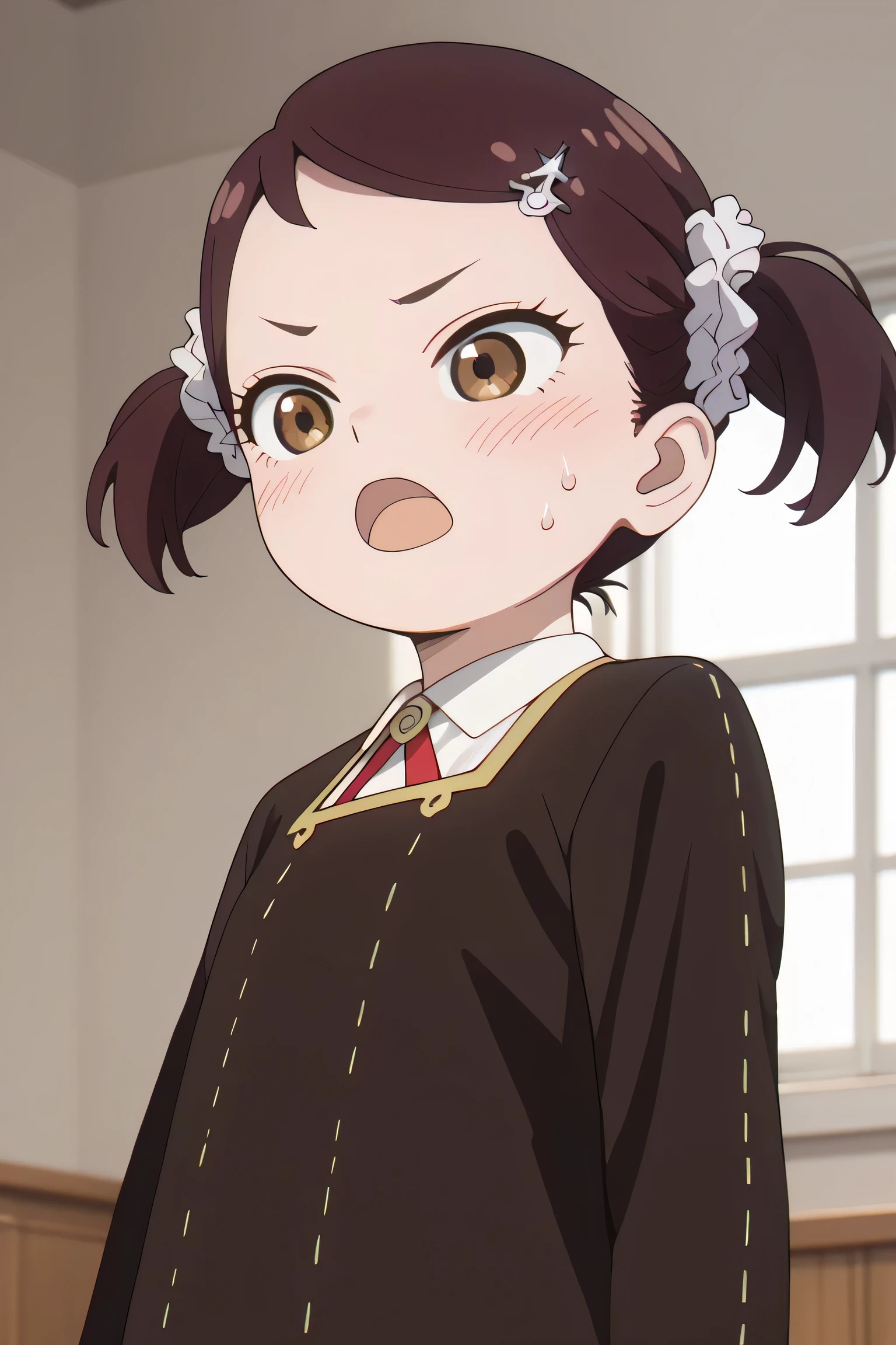(masterpiece), becky blackbell, female , , brown hair, brown eyes, short twintails, 1girl, eden academy school uniform, twintails, open mouth, solo, blush, hair ornament, scrunchie, shirt, indoors, sweatdrop