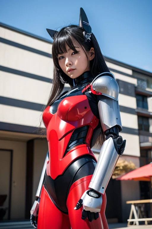Highest quality,masterpiece,Ultra-high resolution, Very detailed, 8k,(Beautiful woman),Beautiful 2 Japanese woman:1.5,Black Hair、((Crucifixion)),torture,slave,((クロスにCrucifixionにされた女性:1.5)),Crucifixion刑, Type X, (White and red robot suit, Plump, Slightly thicker)