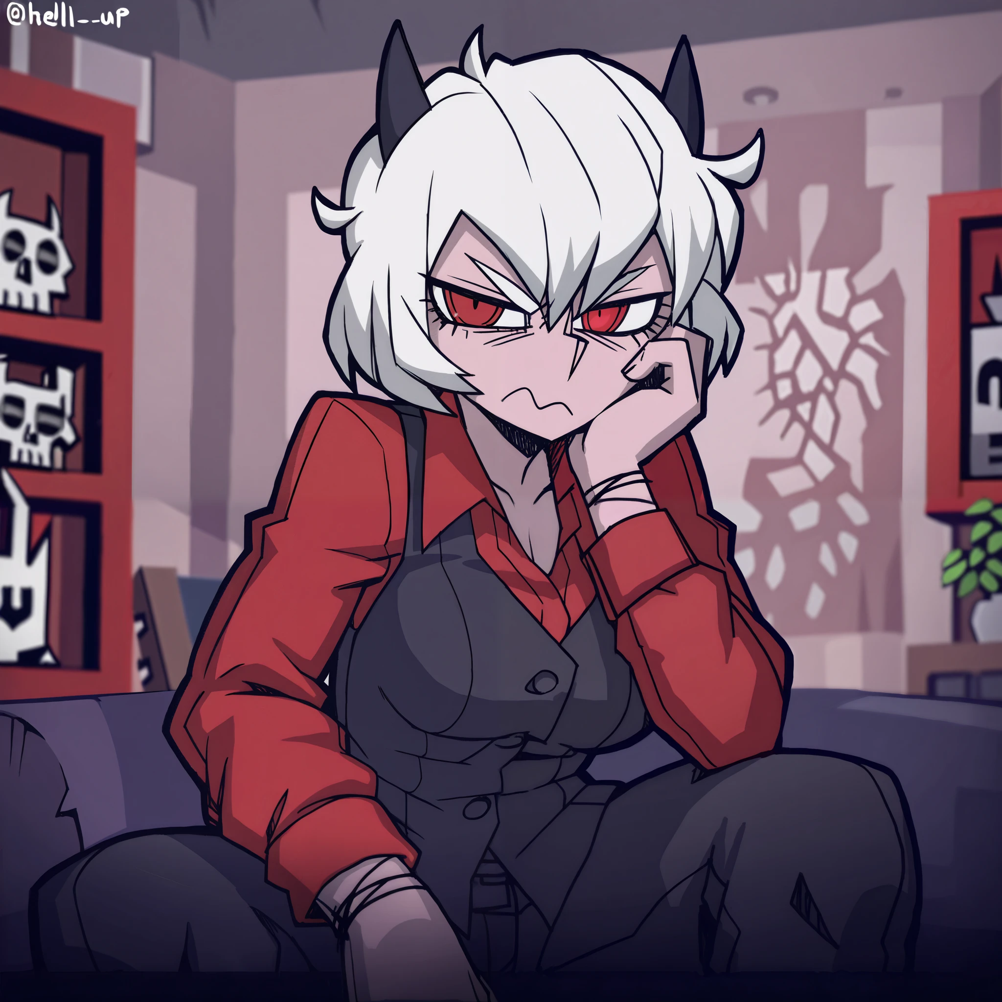 ((malina)), ((helltaker)), ((masterpiece)), ((high resolution)), ((solo portrait)), {(attractive figure), (pale skin), (short white hair), (demon horns), (cute red eyes), (short eyelashes), (annoyed look)}, {(red open button-up shirt), (long sleeve), ((black vest)}, {(sitting on couch), (hand resting on face), (looking at viewer)}, ((living room))