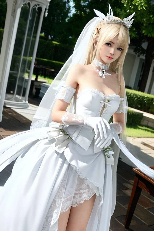Bride 2nd place, Second Cosfit, (masutepiece:1.2), (ultra-detailliert), (8K, Convoluted), (85 mm), light Particle, Lighting, Full body, (Highly detailed:1.2), Breast Focus, (Detailed face:1,5), (rule of third_Composition:1.3), (Line of action:1.2), Daylight, Solo