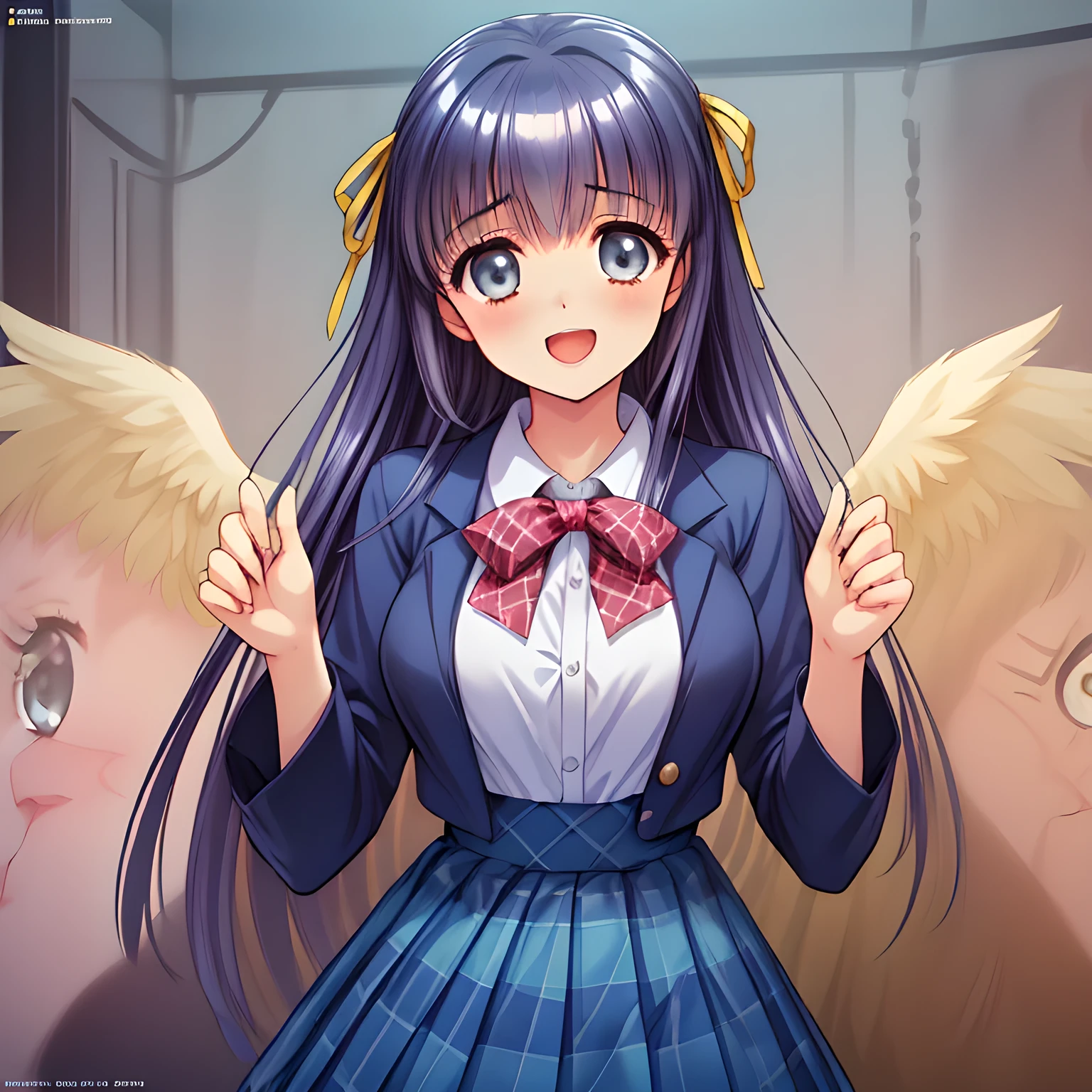 (highest quality, masterpiece:1.2), highest quality, High resolution, 1080p, 8K, Height: 158cm, (Girl's comic magazine's lovely high-quality poster by most popular manga artist, amazingly neat & clean, in peace and neat lovely strong charm: 1.8), (Too cute girl twins like a royal game heroine), in bliss, (Whispering the viewer secretly to hypnotize the viewer), A very lovely, very noble, pretty and pure beautiful girls.((Bursting out Laughing very elegantly)), Using expensive whitening cosmetics by cosmetics artist: 1.2), A face that everyone loves, Glossy lips, Even bangs, (Too beautiful blue fascinating shiny eyes with love to the viewer, with detailed clearly (like girlish comics beautiful lovely heroine): 1.5), ((Black Hair)), ((long twin braids)), (Neat uniform, (((Dark blue winter long sleeve blazer with noble emblem)) over neat expensive (white blouse), (A long, neat, dark (navy blue) (tartan-checkered pleated skirt)), (too girly shiny yellow school ribbon): 1.5), (Extremely lustrous, shiny game heroine lips, laughing open mouth: 0.8), (Ribbon in hair, The ribbon is big and very pretty, Beautiful hair like a hair model), (Tight waist, slender like a fashion model), (The background is a pink & orange colored space to emphasize girl's cuteness: 1.2), (The girls know well about the viewer's super fetishism for school uniforms, and satisfies it completely with her hands and skirts and (laughter giving extreme pleasure like beautiful angel) deeply (in the viewer's clear lewd dream): 1.6), (beautiful girlish clear atmosphere with happy allusion for falling lovely laughter in the lewd dream: 1.5), (Take a noble adult guide's hypnotizing shot to guide to deeper hypnosis: 1.5)