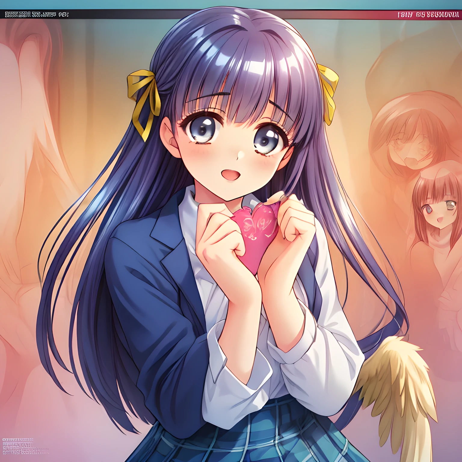 (highest quality, masterpiece:1.2), highest quality, High resolution, 1080p, 8K, Height: 158cm, (Girl's comic magazine's lovely high-quality poster by most popular manga artist, amazingly neat & clean, in peace and neat lovely strong charm: 1.8), (Too cute girl twins like a royal game heroine), in bliss, (Whispering the viewer secretly to hypnotize the viewer), A very lovely, very noble, pretty and pure beautiful girls.((Bursting out Laughing very elegantly)), Using expensive whitening cosmetics by cosmetics artist: 1.2), A face that everyone loves, Glossy lips, Even bangs, (Too beautiful blue fascinating shiny eyes with love to the viewer, with detailed clearly (like girlish comics beautiful lovely heroine): 1.5), ((Black Hair)), ((long twin braids)), (Neat uniform, (((Dark blue winter long sleeve blazer with noble emblem)) over neat expensive (white blouse), (A long, neat, dark (navy blue) (tartan-checkered pleated skirt)), (too girly shiny yellow school ribbon): 1.5), (Extremely lustrous, shiny game heroine lips, laughing open mouth: 0.8), (Ribbon in hair, The ribbon is big and very pretty, Beautiful hair like a hair model), (Tight waist, slender like a fashion model), (The background is a pink & orange colored space to emphasize girl's cuteness: 1.2), (The girls know well about the viewer's super fetishism for school uniforms, and satisfies it completely with her hands and skirts and (laughter giving extreme pleasure like beautiful angel) deeply (in the viewer's clear lewd dream): 1.6), (beautiful girlish clear atmosphere with happy allusion for falling lovely laughter in the lewd dream: 1.5), (Take a noble adult guide's hypnotizing shot to guide to deeper hypnosis: 1.5)