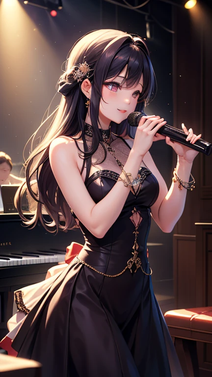 Yor Briar, Yor Forger, ornament hair, black hair, long hair, 1 girl, Looking at the audience, flowing hair, Beautiful Eyes, Plump and glossy lips, Idol, dress with too many frills, black dress, gold laces, black Short skirt, Drape clothes, red gem, Lace trim, bright stage, luxury gold details, gold jewelry, more details, best quality, Big sparkling eyes, blushing, Striped Lace Stockings, black Lolita skirt, sparkle, solo, centered girl, cowboy shot, perfectly body, perfectly hands, two arms, two legs, two hands, five fingers, perfect anatomy, glowing hair, red roses, 1girl, dress, solo, flowing hair, floating hair, ornament hair, perfectly body, perfectly hands, on the stage, sparkles, more details on her clothes, dress with transparency, golden details on her dress, night, holding a microphone, ((4k, masterpiece, top-quality)), 8k, best quality, high resolution, UHD, (illustration:0.8), super cute girl, delicate and beautiful face, mature girl, super cute hairstyle, (beautiful detailed eyes:1.6), extremely detailed face, perfect lighting, extremely detailed CG, (perfect hands, perfect anatomy), Best quality ((4k, masterpiece, top-quality)),8k, best quality, high resolution, HD, (illustration:0.8), super cute girl, delicate and beautiful face, mature girl, super cute hairstyle, (beautiful detailed eyes:1.6), extremely detailed face, perfect lighting, extremely detailed CG, (perfect hands, perfect anatomy), Best quality, cleavage, small skirt, full Body, two arms, two legs, two hands, five fingers