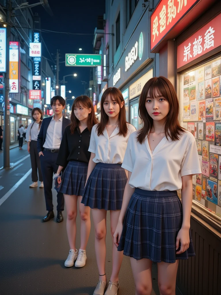 4girl,bob cut,short ponytails,beautiful girl,20 years old,,akb48,nogizaka46,long hair, short hair, multiple girls, skirt, brown hair, shirt, black hair, long sleeves, bow, standing,pink,blue,green,red,white,gray,brown, jacket, white shirt, pleated skirt, outdoors, open clothes, shoes, socks, collared shirt, hood, miniskirt, bowtie, skirt, bag, footwear, open jacket, kneehighs, 4girls, backpack, cardigan, loafers, (hold a smartphone in hand:1.3),midnight,street light,downtown at night,(dark night road:1.0),(white mask:1.0),stand evenly against the wall,
