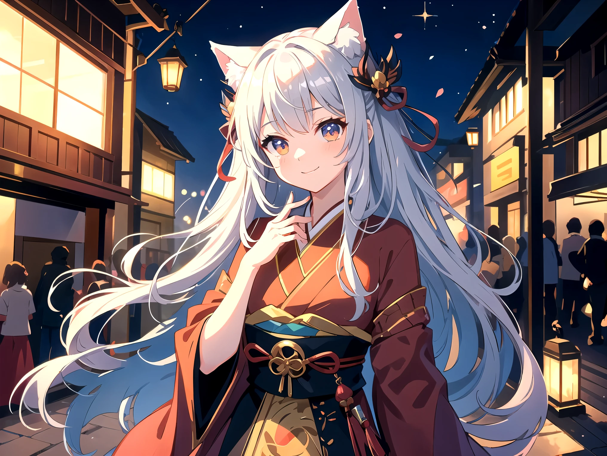 Anime girl with long white hair and a cat ears in a red kimono - SeaArt AI
