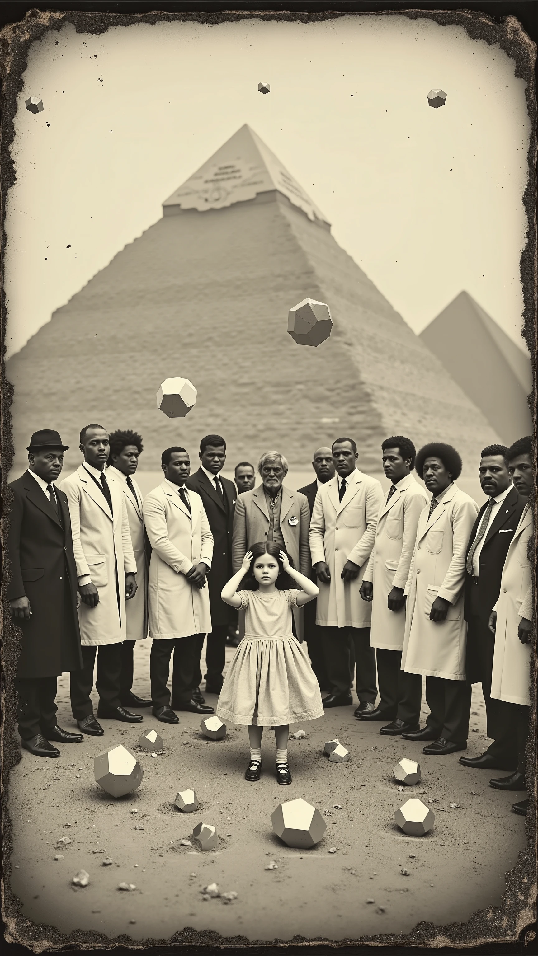 Daguerreotype photo. Black and white vintage photo from early 1900s. Scientists in white lab coats and medical personnel are just outside of the pyramids, where there is a three foot tall doll who appears to be thinking really hard with her hands on her head. Strange objects can be seen pushing up and out of the sand in random places. Some of them are levitating in mid-air. They appear to be crystals in odd hexashapes. The men around her look amazed and afraid. Ultra-detailed, ultra realistic, photorealistic, portrait photography, damaged photo, hyperrealistic.