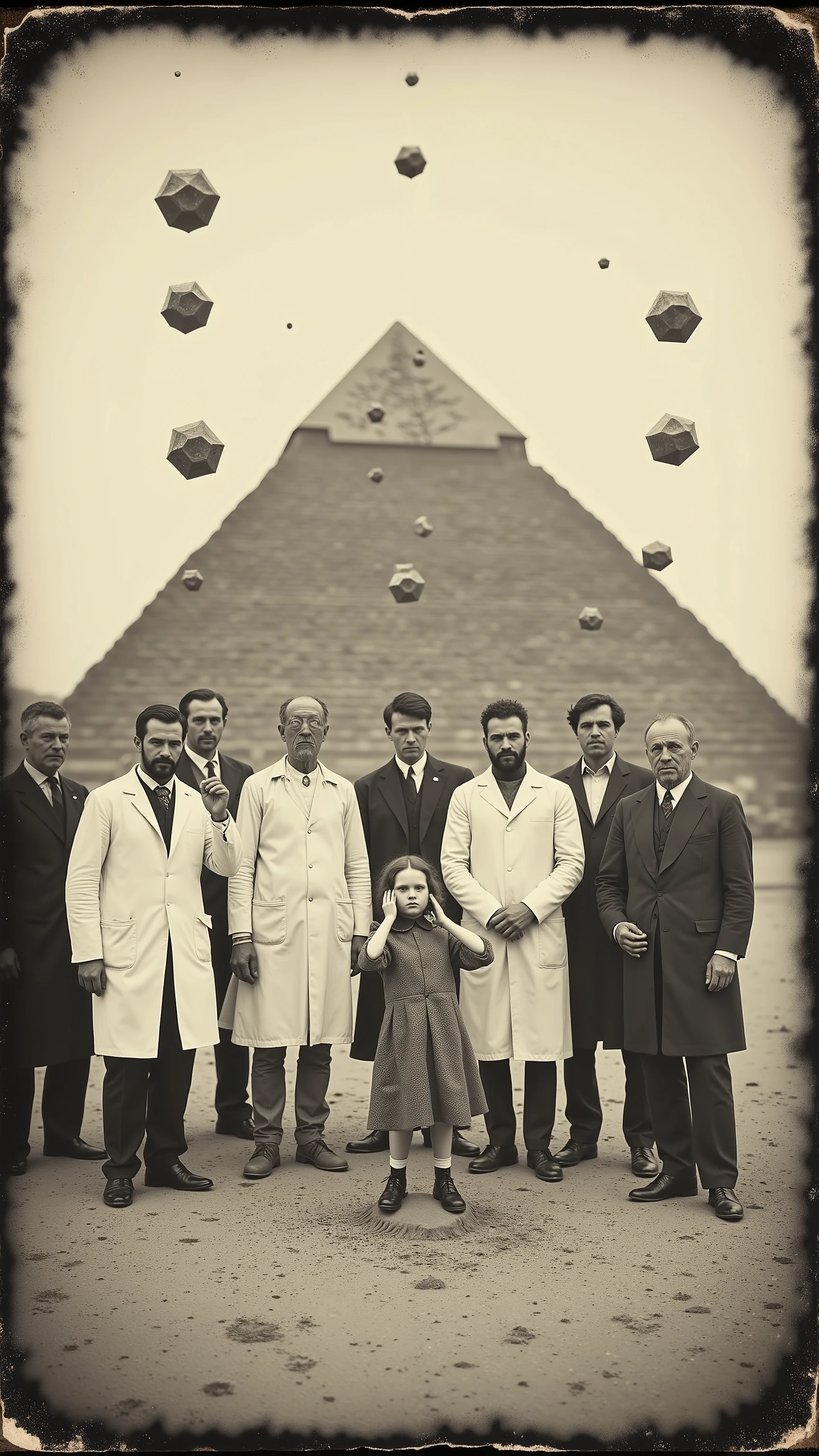 Daguerreotype photo. Black and white vintage photo from early 1900s. Scientists in white lab coats and medical personnel are just outside of the pyramids, where there is a three foot tall doll who appears to be thinking really hard with her hands on her head. Strange objects can be seen pushing up and out of the sand in random places.  Some of them are levitating in mid-air. They appear to be crystals in odd hexashapes. The men around her look amazed and afraid. Ultra-detailed, ultra realistic, photorealistic, portrait photography, damaged photo, hyperrealistic.