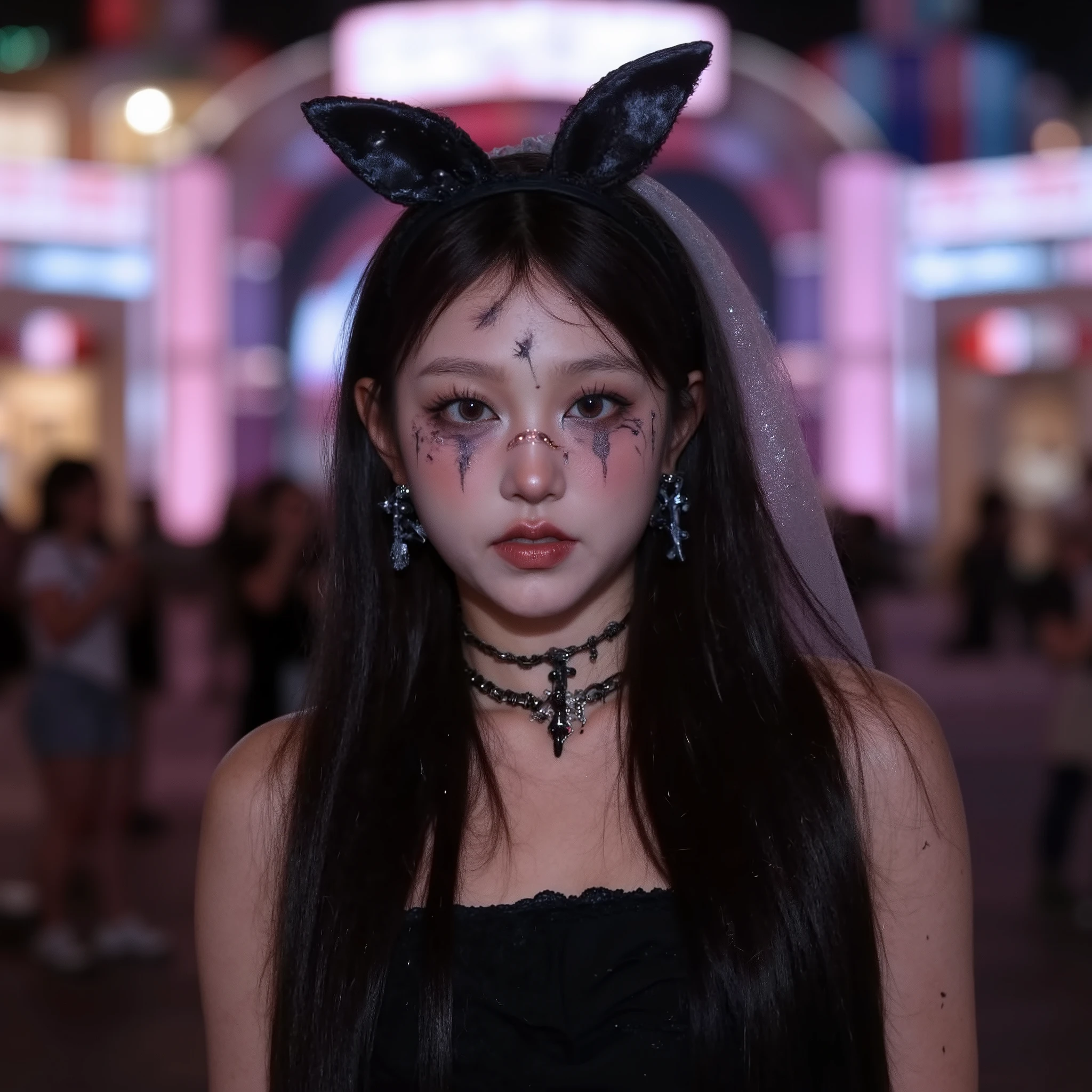upper body shot to a young female ,she have Scary Halloween costumes and strange makeup,in a big theme park halloween party