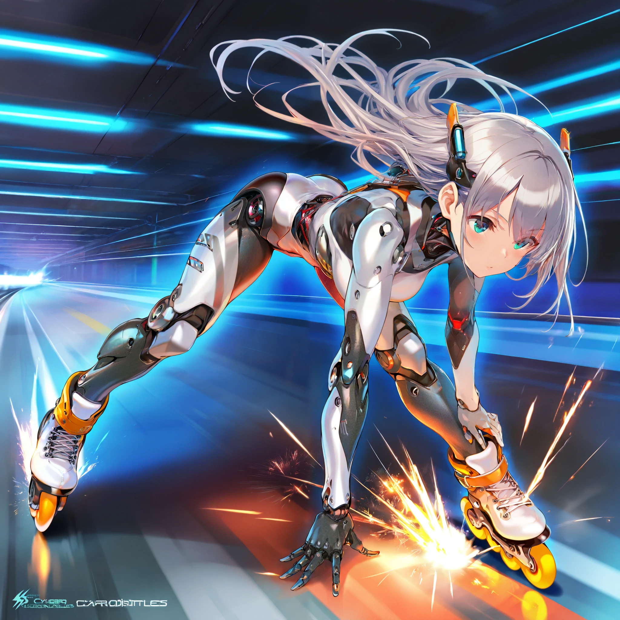 score_9, score_8_up, score_7_up, (afukuro, CyberpunkDetails), (1girl, solo), grey long hair, (cyborg, prosthesis, prosthetic leg, joints, carbon fiber, engine), (inline skates, roller skates), (leaning forward, dynamic pose, speed skating), (motion lines, speed lines, sparks), in the highway
