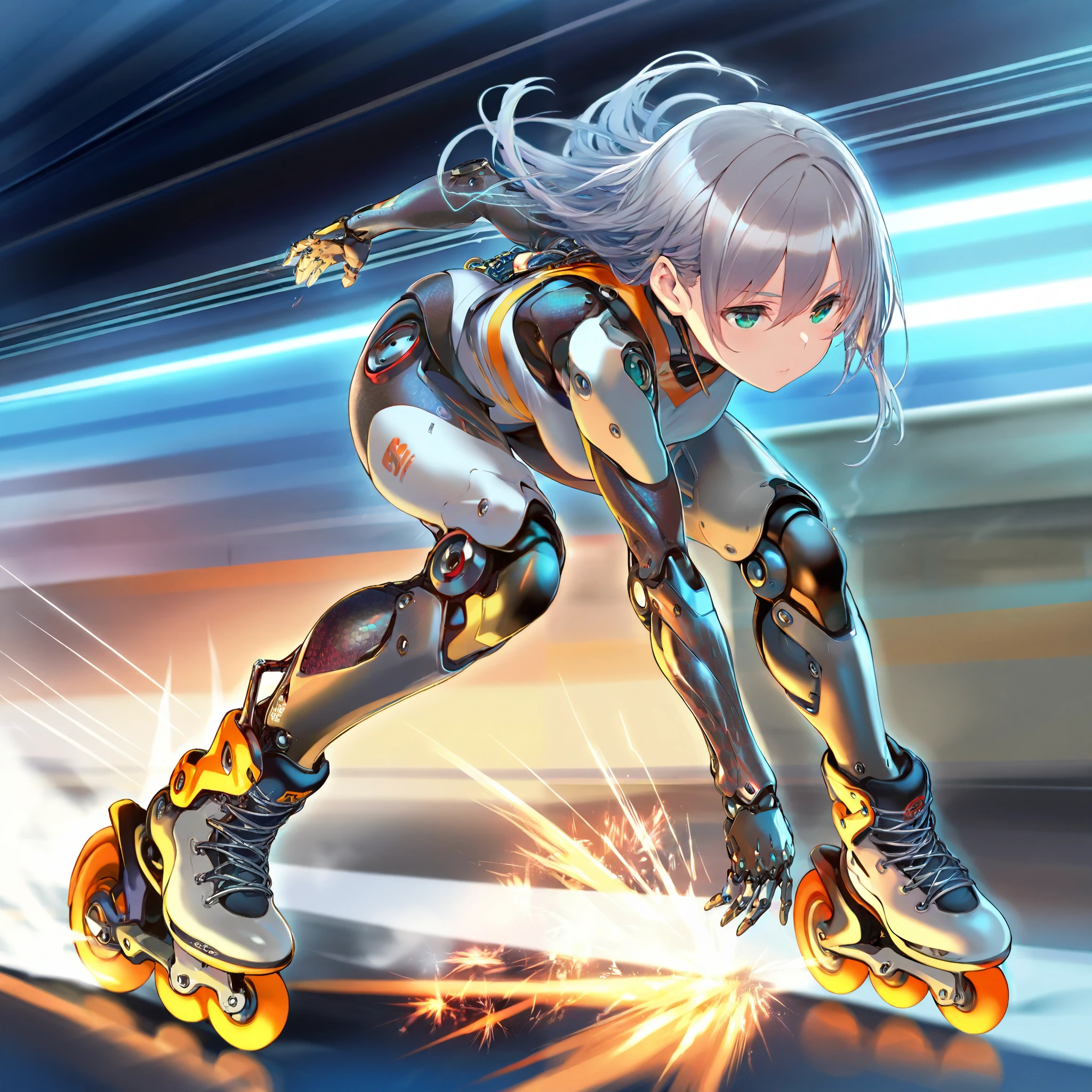 score_9, score_8_up, score_7_up, (afukuro, CyberpunkDetails), (1girl, solo), grey long hair, (cyborg, prosthesis, prosthetic leg, joints, carbon fiber, engine), (inline skates, roller skates), (leaning forward, dynamic pose, speed skating), (motion lines, speed lines, sparks), in the highway