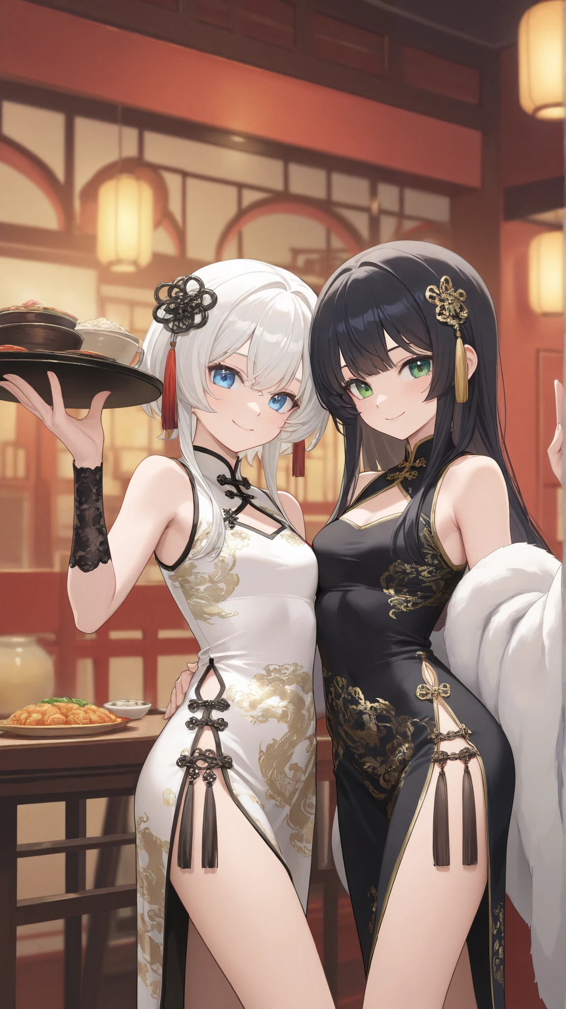 2 girls,Girl with white hair and blue eyes,Girl with dark hair and green eyes,(((smile))),looking at viewer,Tassel, china dress, Hi-Res, Japanese illustration style,Chinese Restaurant, masterpiece, high quality