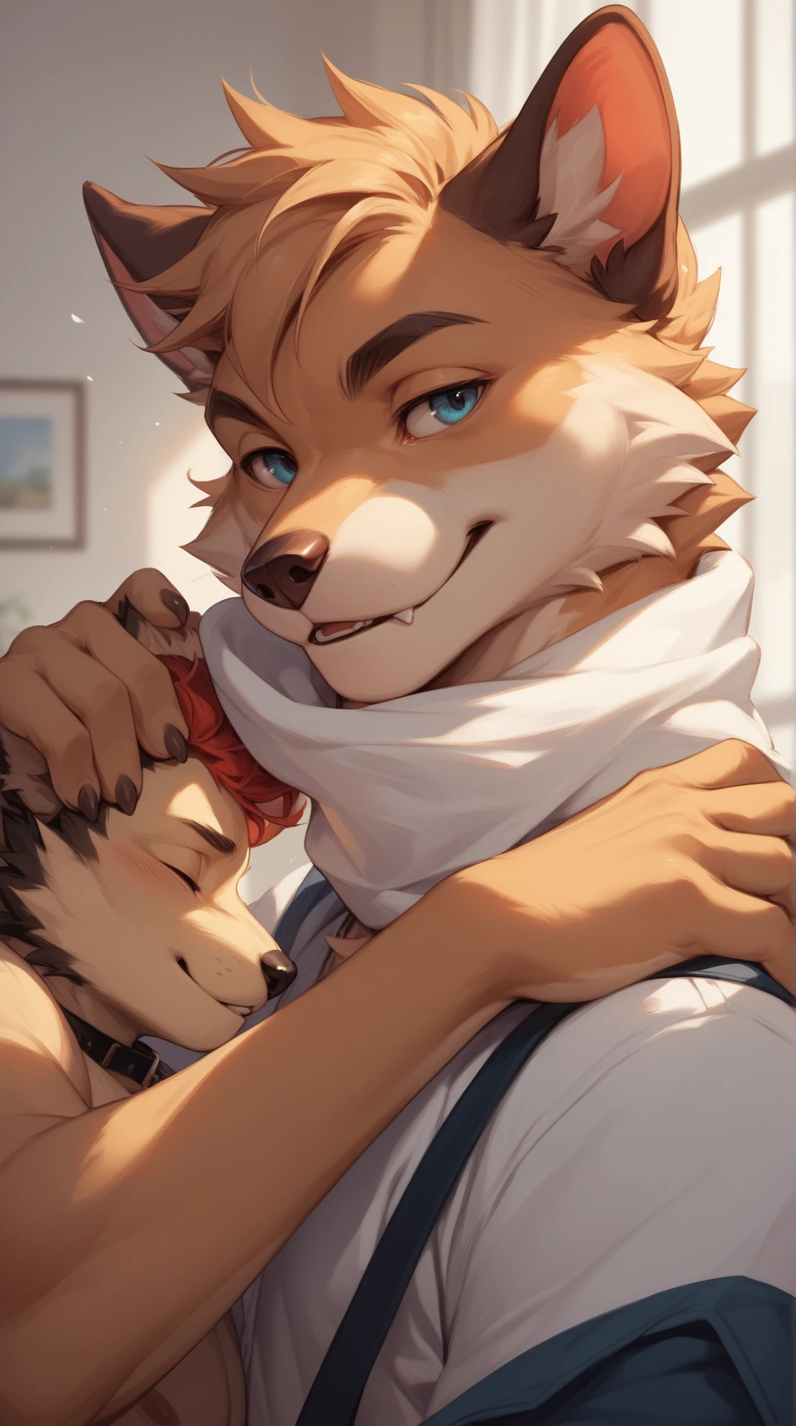 bathym, wolf, detailed face, colored sclera, blush, happy, smile, tail, detailed body wearing t-shirt, (hugging a plushie:1.2), <3, photorealistic, realistic, aesthetic, elegant, masterpiece, 4k, sharp focus <lora:bathym:1>
