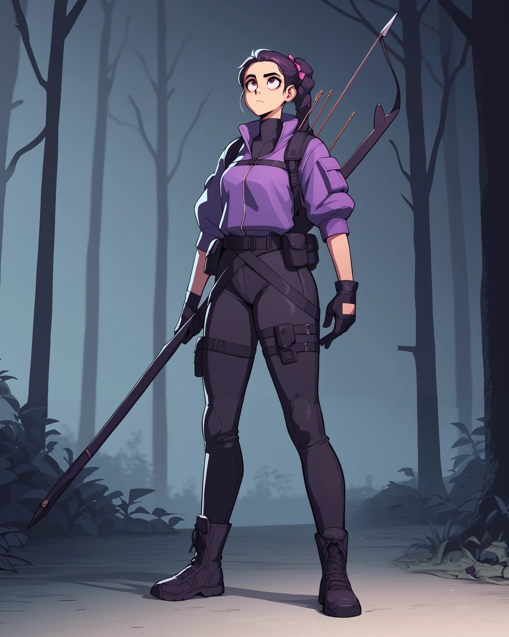Kate Bishop, also known as Hawkeye (young human woman), has a striking and practical superhero appearance. Based on the image you shared, here are the key details of her costume:
- **Color Scheme:** Primarily purple with black accents.
- **Jacket:** A form-fitting, purple tactical jacket with black panels and a high collar. The jacket appears to be made of a combination of fabric and armor-like materials for protection.
- **Utility Belt:** A black belt with pouches for carrying various tools and equipment.
- **Gloves:** Black gloves that match the overall design and provide extra grip.
- **Pants:** Black with reinforced sections and straps, ensuring durability and mobility.
- **Boots:** Sturdy black boots with straps and buckles, essential for agility and movement.
- **Quiver:** A quiver of arrows on her back, essential for her role as an archer.
- **Bow:** Holding a futuristic recurve bow in her left hand with futuristic details, highlighting her expertise in archery.
- **Hair:** Styled in a practical braid, adding to her tactical look.
Looking up
State park forest at night, full body view, by diives,