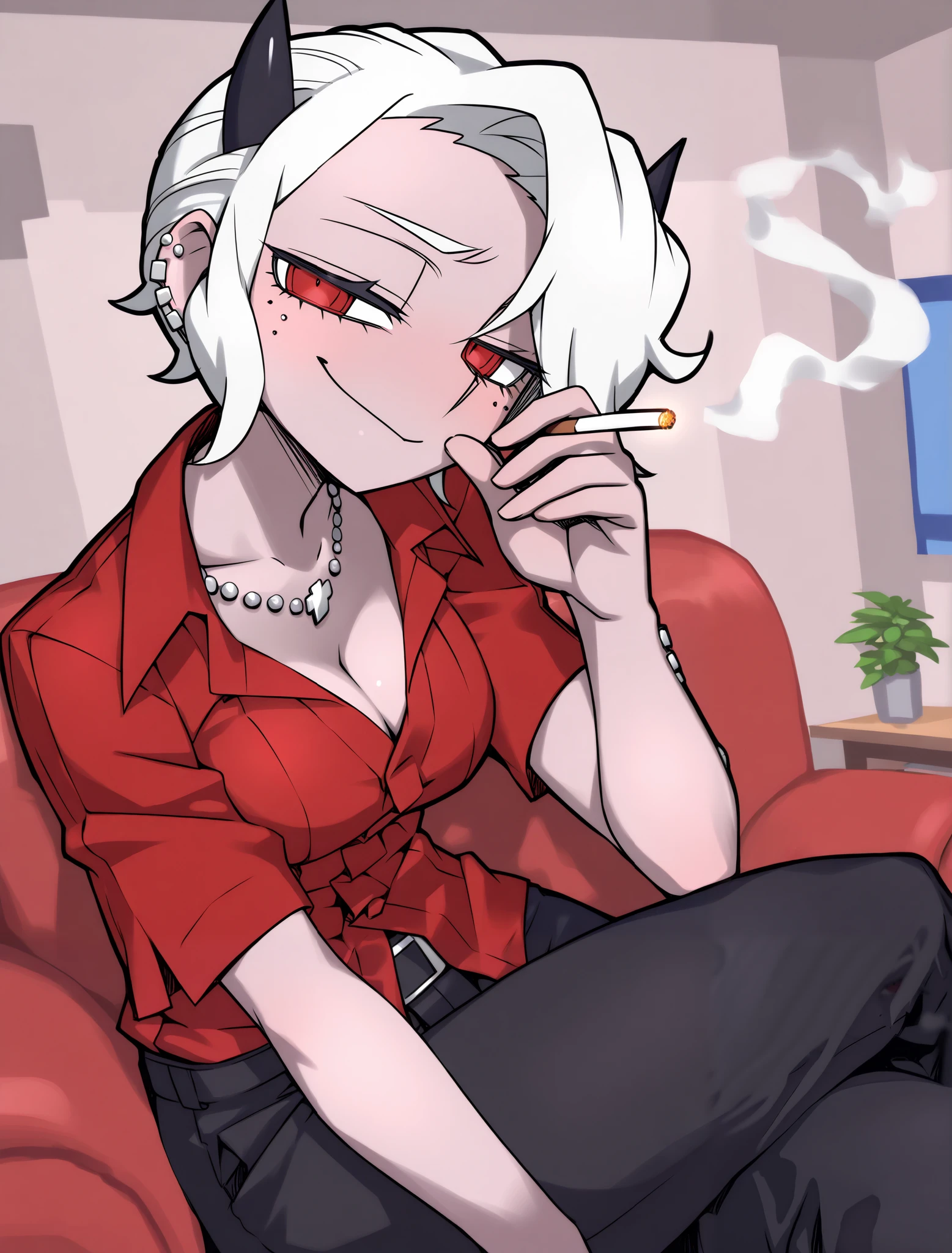 ((zdrada)), ((helltaker)), ((masterpiece)), ((high resolution)), ((solo portrait)), {(attractive figure), (pale skin), (piercing), (short white hair), (hair bang), (hair over one eye), (demon horns), (demon tail), (cute red eyes), (short eyelashes), (smug smirk)}, {(red open button-up shirt), (short sleeve), (cleavage), (black pants)}, {(sitting on couch), (crossed legs), (smoking), (looking at viewer)}, ((living room))