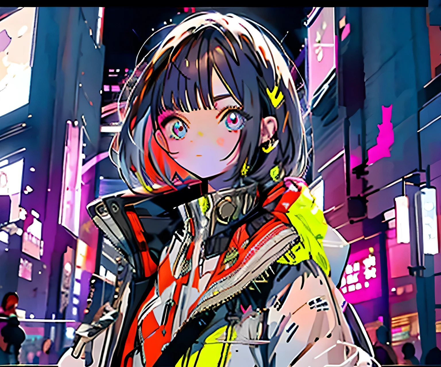 Beautiful young woman lying in her (bed) bedroom cyberpunk , Miranda Linda , by ,long ,negro , Night view beautiful eyes 8k , detailed .