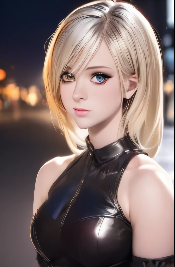 Best quality, masterpiece, ultra high res, (photorealistic:1.4), raw photo, 1girl, blonde hair, blue eyes, detailed eyes and face, black suit, dynamic lighting, in the dark, deep shadow, low key, cowboy shot full-lenght body