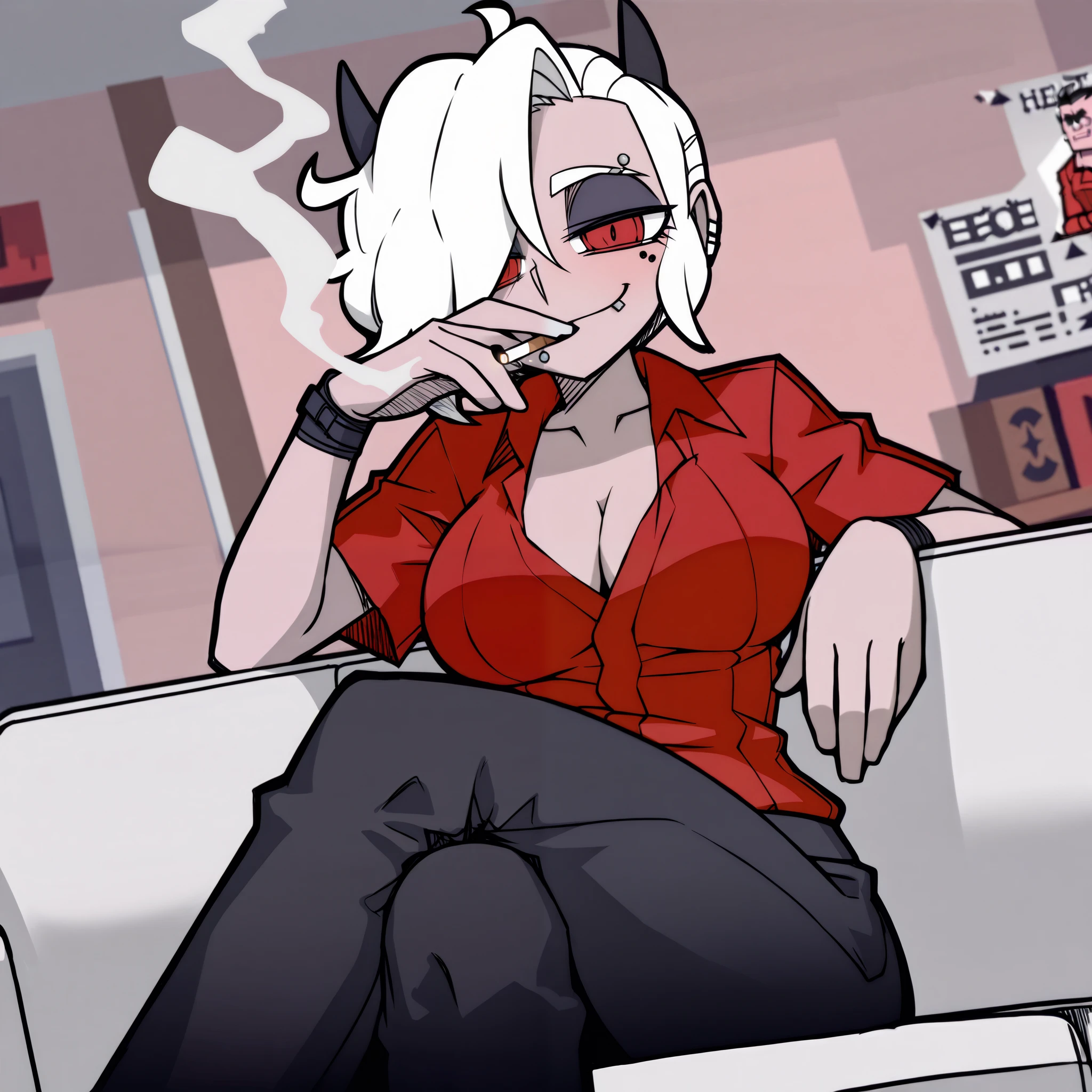 ((zdrada)), ((helltaker)), ((masterpiece)), ((high resolution)), ((solo portrait)), {(attractive figure), (pale skin), (eyebrow piercing), (lip piercing), (short white hair), (bang), (demon horns), (cute red eyes), (short eyelashes), (eyeshadow), (smug smirk)}, {(red open button-up shirt), (short sleeve), (cleavage), (black pants)}, {(sitting on couch), (crossed legs), (smoking), (looking at viewer)}, ((living room))