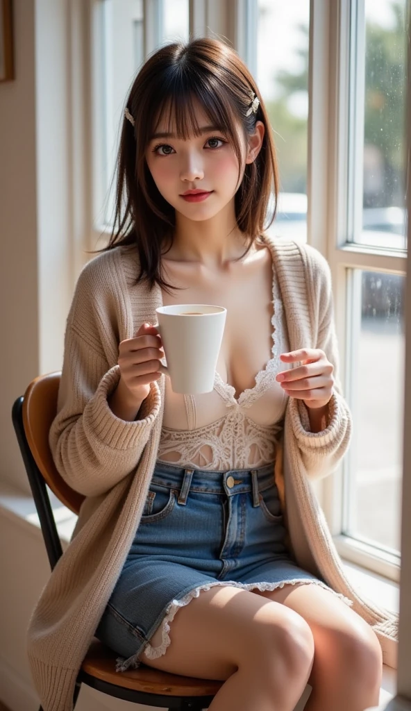 ((top-quality、in 8K、masterpiece:1.3、超A high resolution))、(Clear focus:1.4)、BREAK、A Japanese Lady、boyish、1 persons、full body Esbian、(Detailed chair、Sitting on a chair:1.2、Glass table in the foreground、Coffee cup on the table、eat a sandwich:1.3)、light skinned、((dark brown hair))、short-hair、(coat with a thick collar:1.2、Detailed fabrics)、Super fine face、A detailed eye、Narrow-eyed、二重まぶた、Reddish cheeks、Detailed skin、Sweating、Lustrous skin、Shine skin、Shaded skin、Wearing makeup、ruddy lips、Large breasts、looking in camera、BREAK、(细致背景、细致背景、atlibrary:1.5)、natta、Natural lighting、Winters