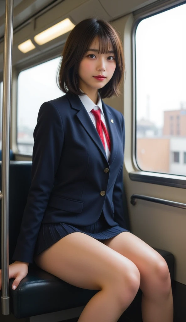 Beautiful noble sexy lingerie, (embroidery panty:1.4), (panty with embroidery:1.33), (panty seam detail:1.4), (panty seam), (panty suture), (embroidery sexy cotton White-Panty:1.35), (formal suit), The color of the recruitment suit is blue,,(Professional portrait, Professional Writing) ,masterpiece,最high quality,Realistic,8k,Official Art, Ultra-high resolution, ,,,Medium Hair,(Blonde gradient hair:1.02), 8k,high quality, Super detailed, 最high quality, Very detailed, beautiful , (Professional portrait, Professional Writing) ,masterpiece,最high quality,Realistic,8k,Official Art, Ultra-high resolution,, , , , Medium Hair、Shrine maiden, , , 、(Show off your Cute-Panty from the front:1.2)、Brown Hair、、、, (The background is inside a train:1.03), ,、, ,, , (Half-close your eyes:1.23), Sit with very good posture, , (Focus between legs:1.24), , , sit politely, Align the legs, Knees together, The seat position is high, 35-year-old flight attendant,