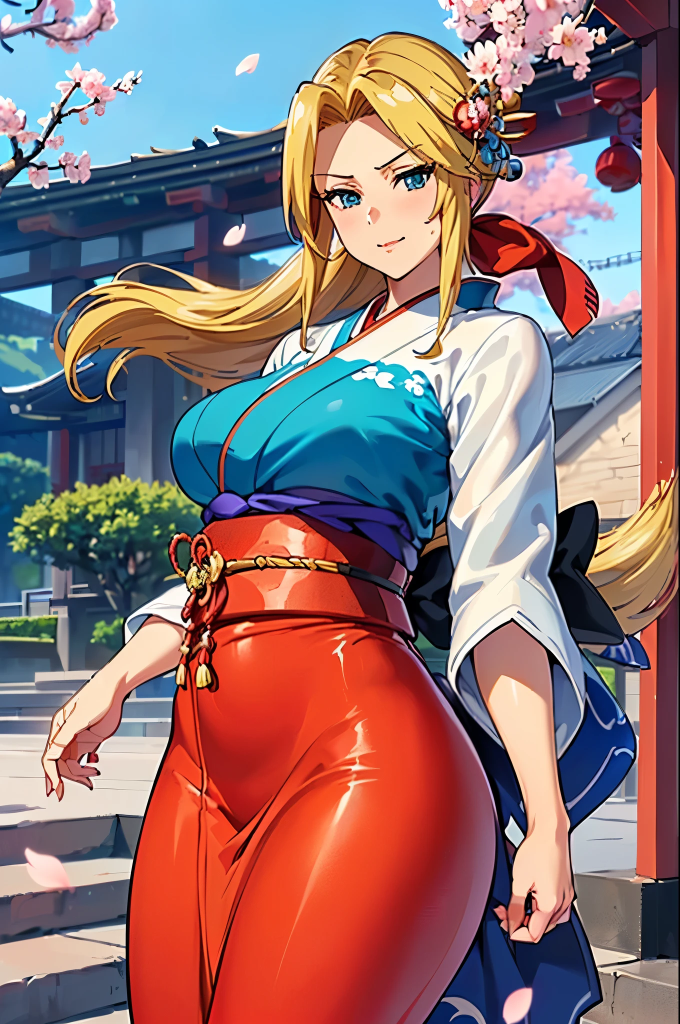 ((woman,( big size:1.8), Very red lips, big sizeを強調, big butt, thin waist, long legs, standing,Greenish blue eyes)) 8K((( Japanese costumes, kimono,European style costume,Tight fitting clothes,Clothes that fit tightly to the body,Clothes that show off your body lines))) 8K(((((Anime style face,(Anime style faceの描写しっかり)) 8K(((Clear body lines, tight clothes,Clothes that clearly show the bust line,胸のラインがはっきり tight clothes))) 8K(((Break,Break顔, pretty face,A dashing face,There are cherry blossoms, the wind is blowing ))) ( 1 girl:1.2), alone, Hime Cut,伝統的な Japanese costumes, soft smile