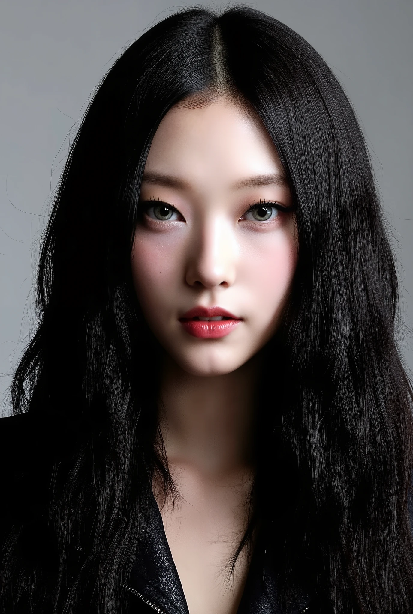 (medium full shot), beautiful korean girl with dark eyeshadow and eyeliner, red lips, long wavy hair , wearing black leather jacket, gray background, studio lighting, necklace, dslr, soft lighting, high quality, film grain, light reflections, blood vessels, pale skin, skin pores,blood vessels in sclera, detailed skin, beauty spots, skin fuzz