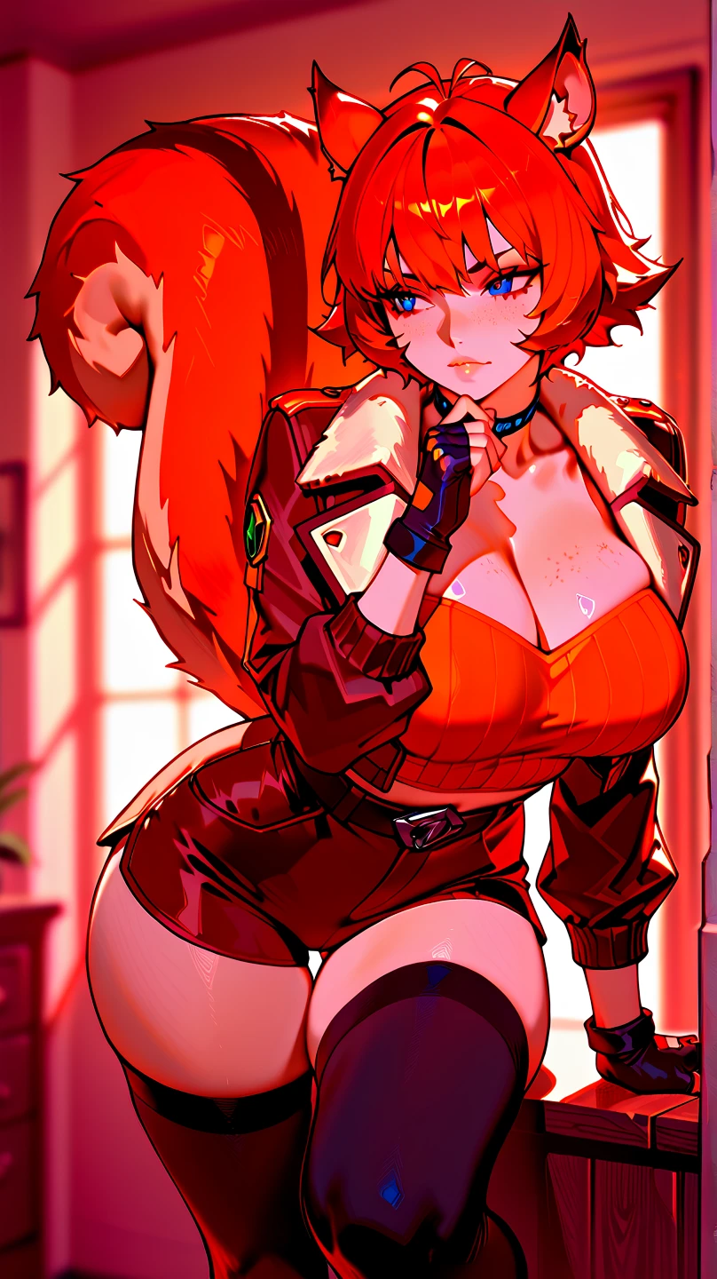 Furry female, anthropomorphic fox girl, spikey red hair, red fur, thick thighs, large breasts, yellow eyes, eyeshadow, black tube top, open cropped jacket, black hot pants, fishnet leg wear, scar over one eye, full body shot, tall, sharp eyes