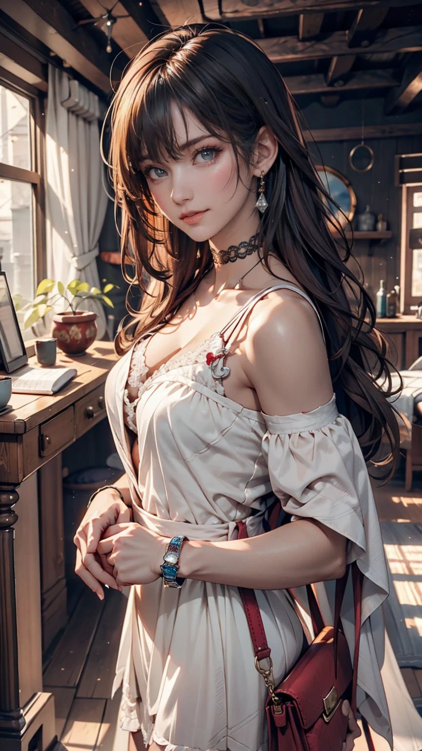 Florence Nightingale, (Ballet Costumes), Sitting in a chair, Smiling for the camera, White formal shirt, Loose collar button, Swollen nipples, Long, loose hair, (Delicate illustrations: 1.4), (Renaissance art: 1.4), (Ultra-high resolution: 1.2), (Photorealism: 1.4), (8k, RAW Photos: 1.2), (Soft Focus: 1.4), ( 18-year-old: 1.3), (Sharp focus: 1.4), Beautiful face with attention to detail, Pure rose face_v1