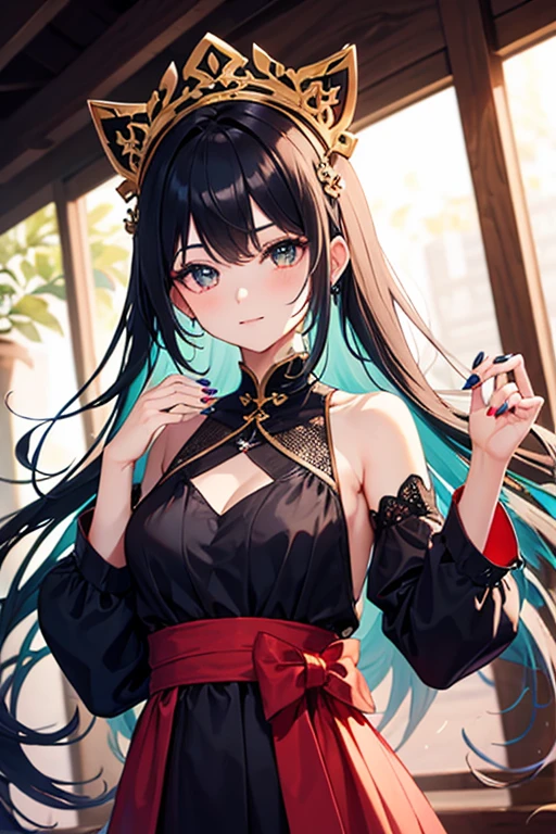 nine tailed girl, blue and green eyes, corpulent, full lips, long bluish black hair, black wolf ears, black white and red shoulder-to-shoulder yukata kimono.