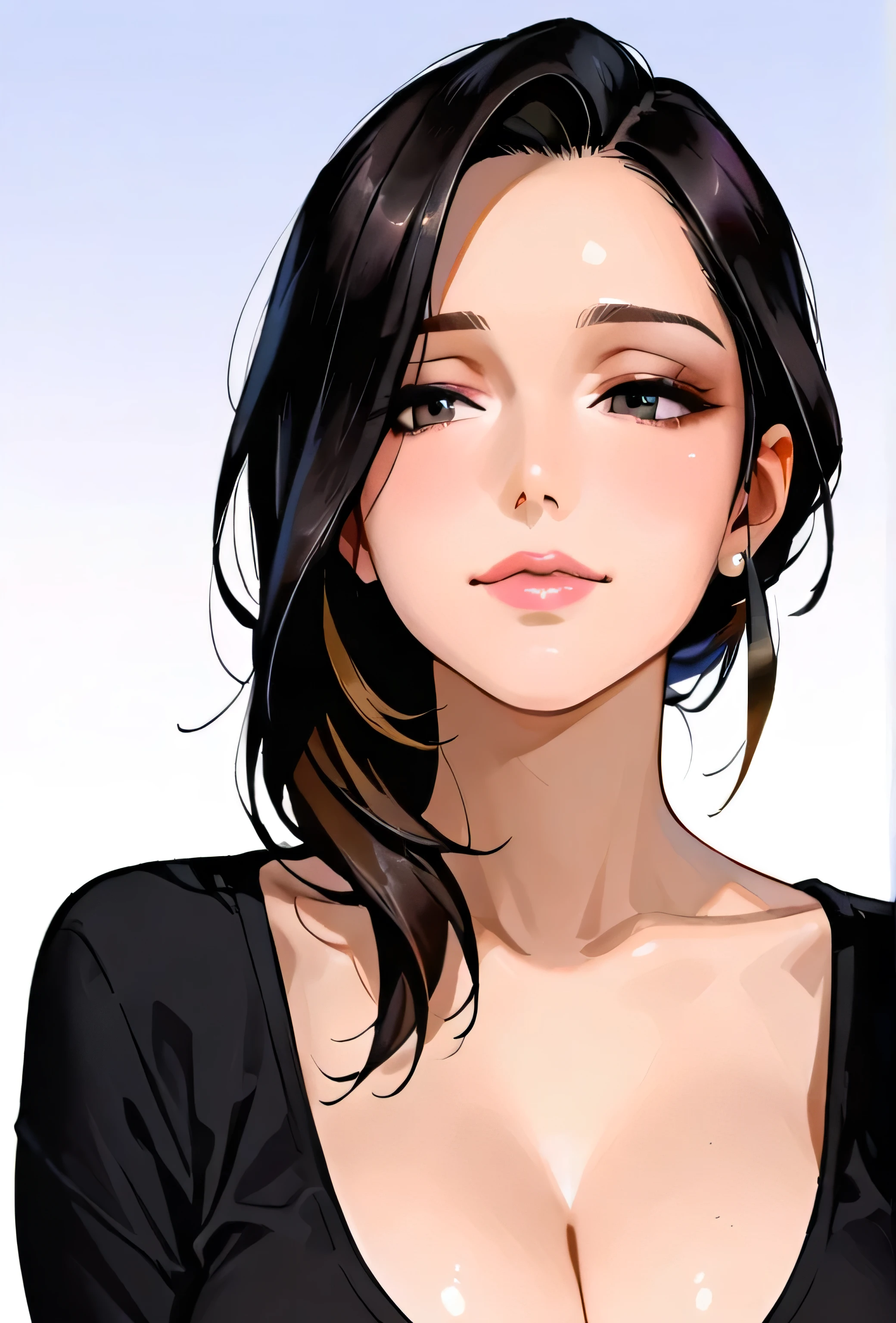 score_9, score_7_up 1girl, solo, cass hamada, big hero 6, mature female, cleavage, large breasts, portrait, lips, black shirt, gradient background