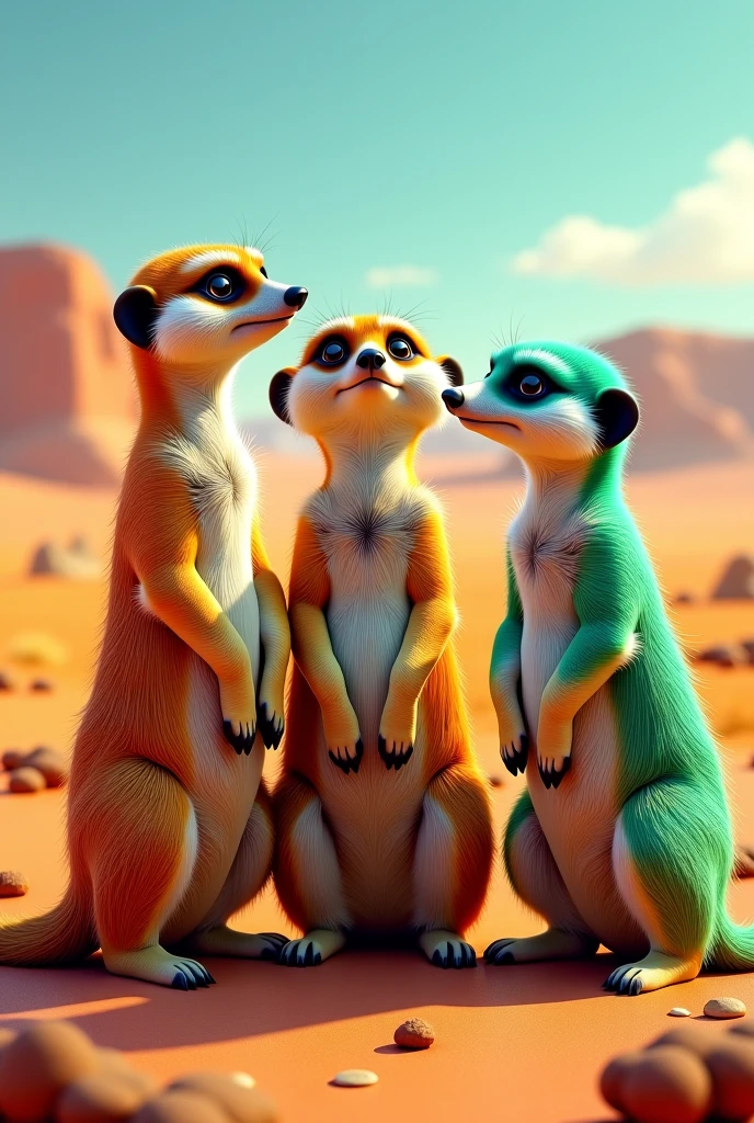 a group of not more than five meerkats standing with the sun setting behind them