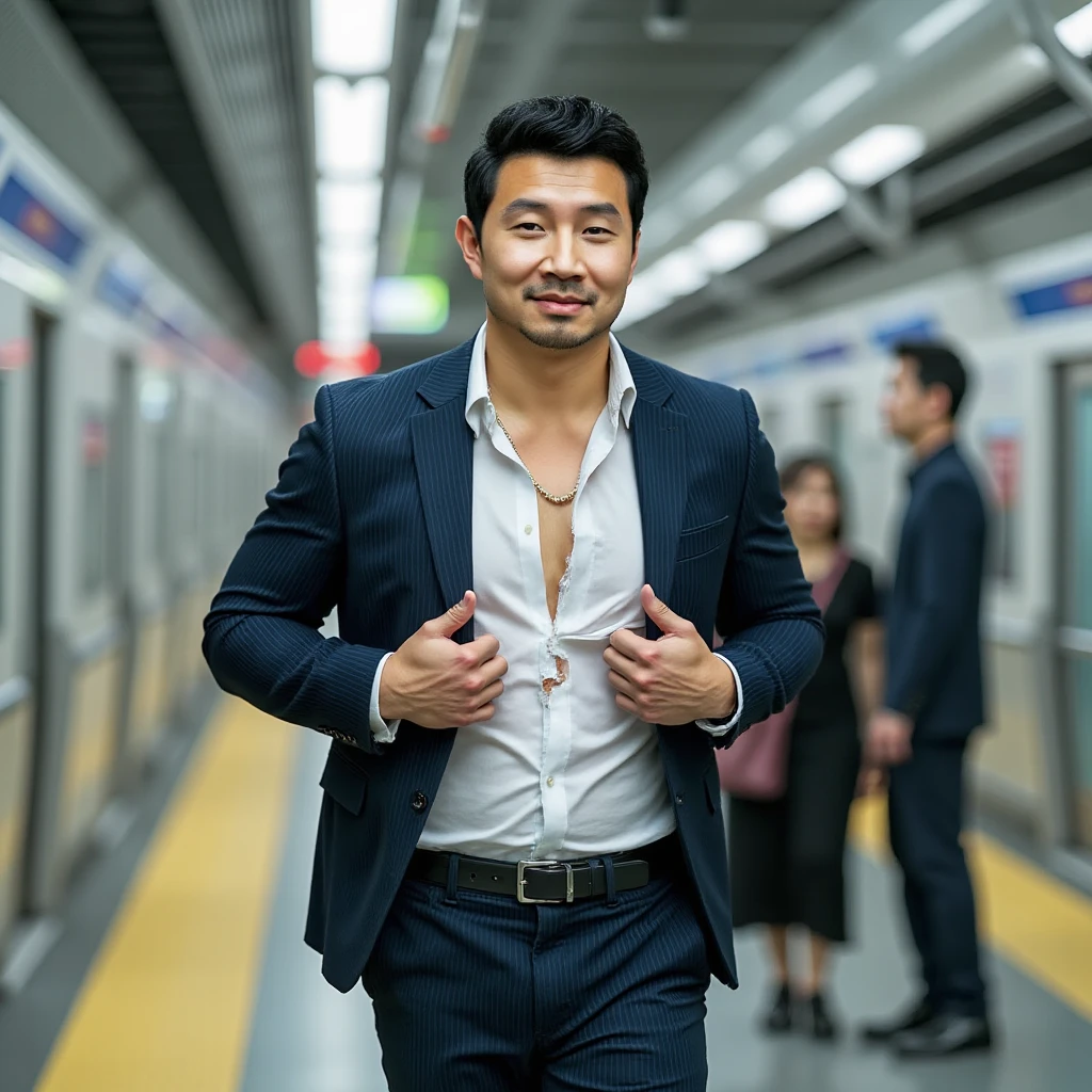 Chinese man handsome in the subway,25 years old,Ultra-flat head,Wearing a transparent shirt ,huge bulge, leg apart,musculous,Handsome, pervert smirk, Exposing thighs, In crowded subway cars, 16k resolution , ultra-high clarity , hyperrealism , ultra hd picture , uhd , details face , details , handsome man , high quality , Sit next to you、Lean on the man next to you , nsfw , sexy , eroticism , sitting side b side,wearing no underwear, sexy, Masculine and handsome, muscular, Beautiful muscles, hairy body,sweat, lewd face, firm chest, sexual, provocative, lustful, accessories include a luxury wristwatch, casual cufflinks and a simple but elegant leather belt, looking at the viewer, muscle veins, lightly tanned skin, drooling, slimy, sticking out tongue, wanting to show off chest