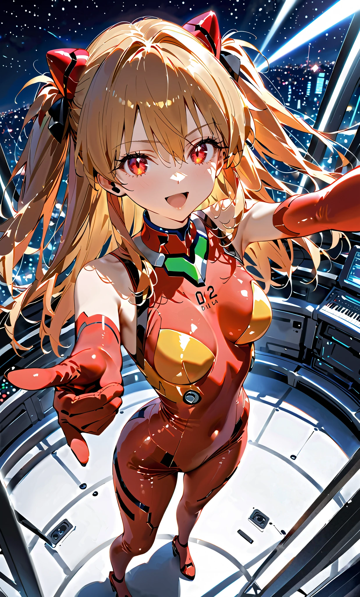 (Overhead view),dynamic angle,ultra-detailed, illustration, close-up, straight on, 1girl, 
 ((souryuu asuka langley, interface headset, red bodysuit:1.4, blonde)),Her eyes shone like dreamy stars,(glowing eyes:1.233),(beautiful and detailed eyes:1.1),(expressionless),(standing), Spell of the Last（prompt）
(masterpiece, best quality, ultra high res, perfect anatomy, extremely detailed),
BREAK,
1girl,
,
red eyes,
twintails,
black hair,
very large ribbon in hair,
idol costume,
BREAK,
(finger pointing),
(full face),
one eye closed,
(open mouth),
glow eyes,
smile,
stage light,
(mechanic room with toolsand spaceship windowin a white SPACESHIP),
(night:1.2),dreamy, [[delicate fingers and hands:0.55]::0.85],(detail fingers),