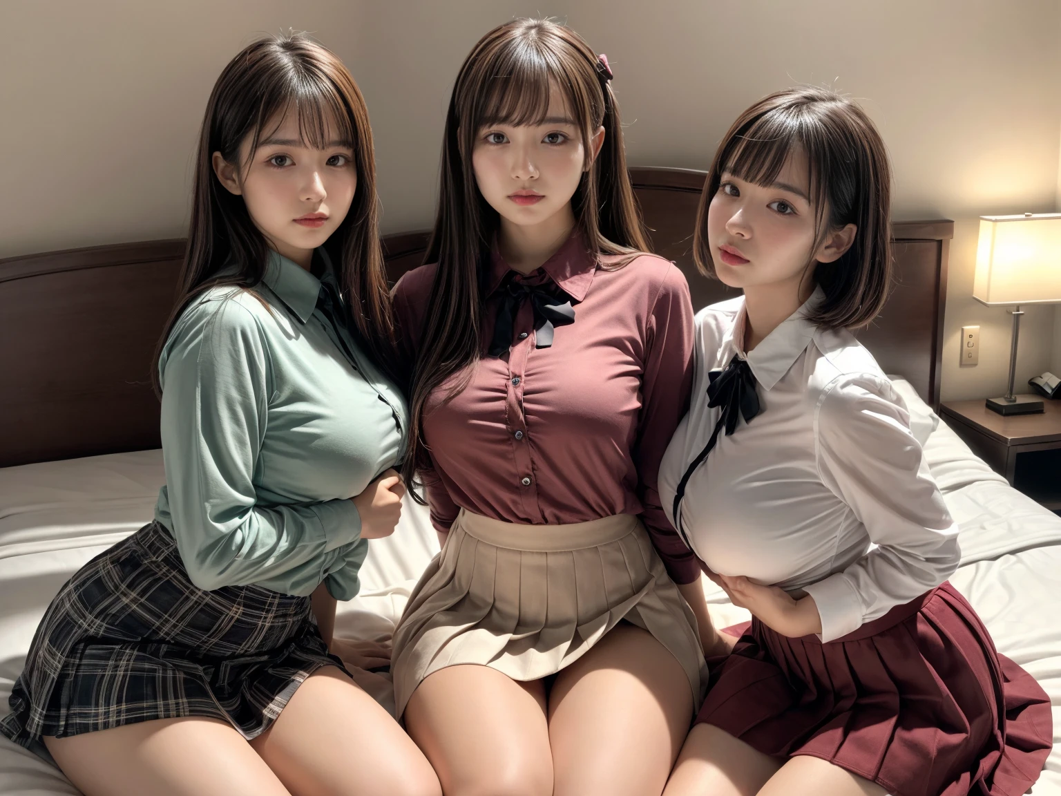 masterpiece, best quality, illustration, Super detailed, fine details, High resolution, 8K,wall paper, perfect dynamic composition,(Details High quality, realistic depiction of eyes:1.3), (3 girls), (collared shirt:1.1), pleated skirt, knee high socks, sitting, open legs, short bob hair, in a hotel room in the background, deep on field, large breasts, black hair color, Big Natural Color Lip, (perfect body shape), crying a little、Harajuku style、20 year old girl、cute type、beautiful legs, Gravure Idol