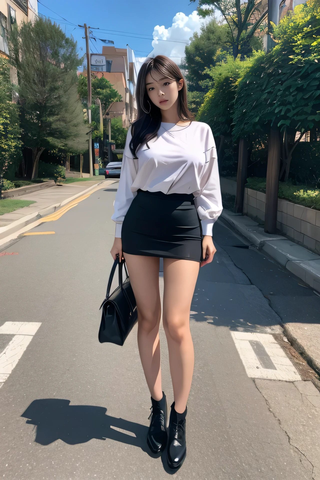 top quality、 best image quality、 light brown hair、 full body shot、 miniskirt、 one young Japanese woman 、Big Breasts、 plump thighs、( standing)、Park Background