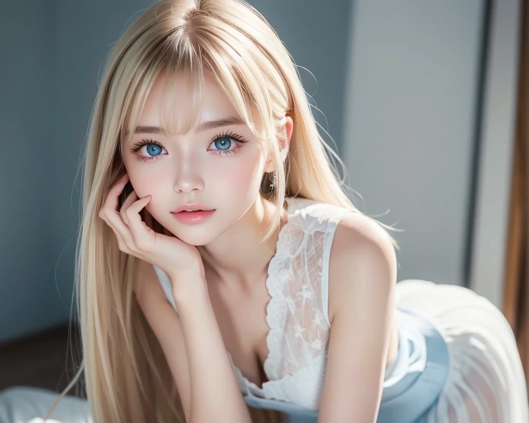 Bright expression、Photorealism、highest quality、超A high resolution、picture、Photos of the most beautiful Scandinavian girls、A cute and beautiful face down to the last detail、Small Face、(Purelos Face_v1:0.008)、Beautiful Bangs、Alice in Wonderland、17 years old、Glowing White Skin、ponytail、Bangs on the face、Bans、Hair between the eyes、Super long hair、Attractive platinum blonde super long silky hi-lighter hair、Beautiful bright transparent light blue big eyes that are charming and shining、、、eyeliner、double eyelid、Ample breasts