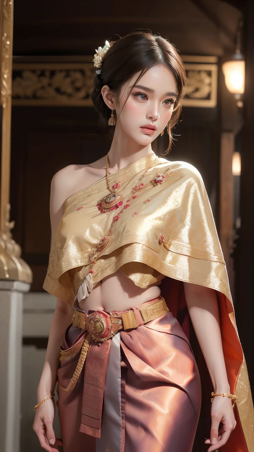 (raw photos:1.2), (realistic:1.4), (Masterpiece:1.3), (best quality:1.4), Ultra high resolution, (Detailed eyes), (Detailed facial features), (Detailed traditional thai clothing features), HDR, 8K resolution, Focus only, Dressing according to Thai tradition, Traditional shawl , 1 woman , big breasts, A gigantic rift, Breasts are fully grown, small waist, Long legs, Facing the audience, Full body, depth of field, Cinema-grade lighting system, Showing a flat stomach, The lower half of the breast is visible., Picture from a very low angle