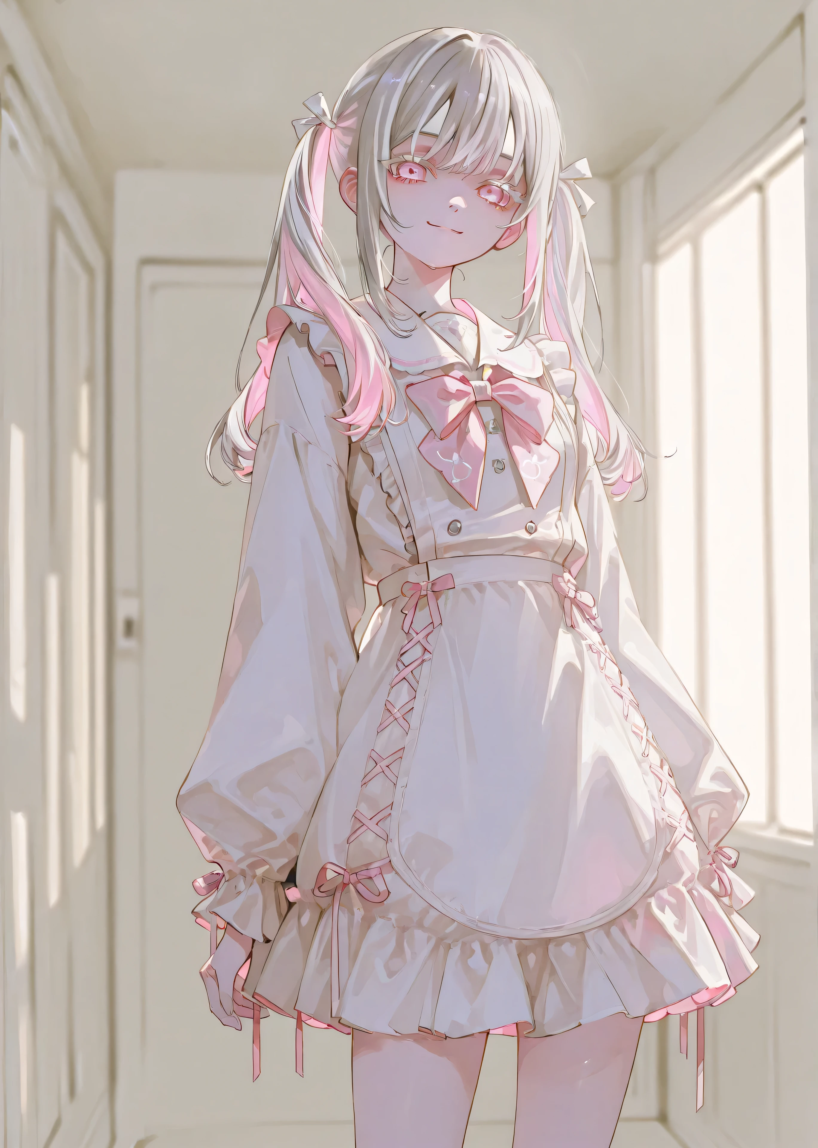 blurry background indoors、 depth of field、 natural light、 Soft Lighting 、 detail hair 、 1 girl、 staring at the viewer , standing,Twin tails that extend all the way down,Gray Hair , light pink eyes , White eyelashes ,Cute clothes 、 pink inner color hair, simple background 、smile